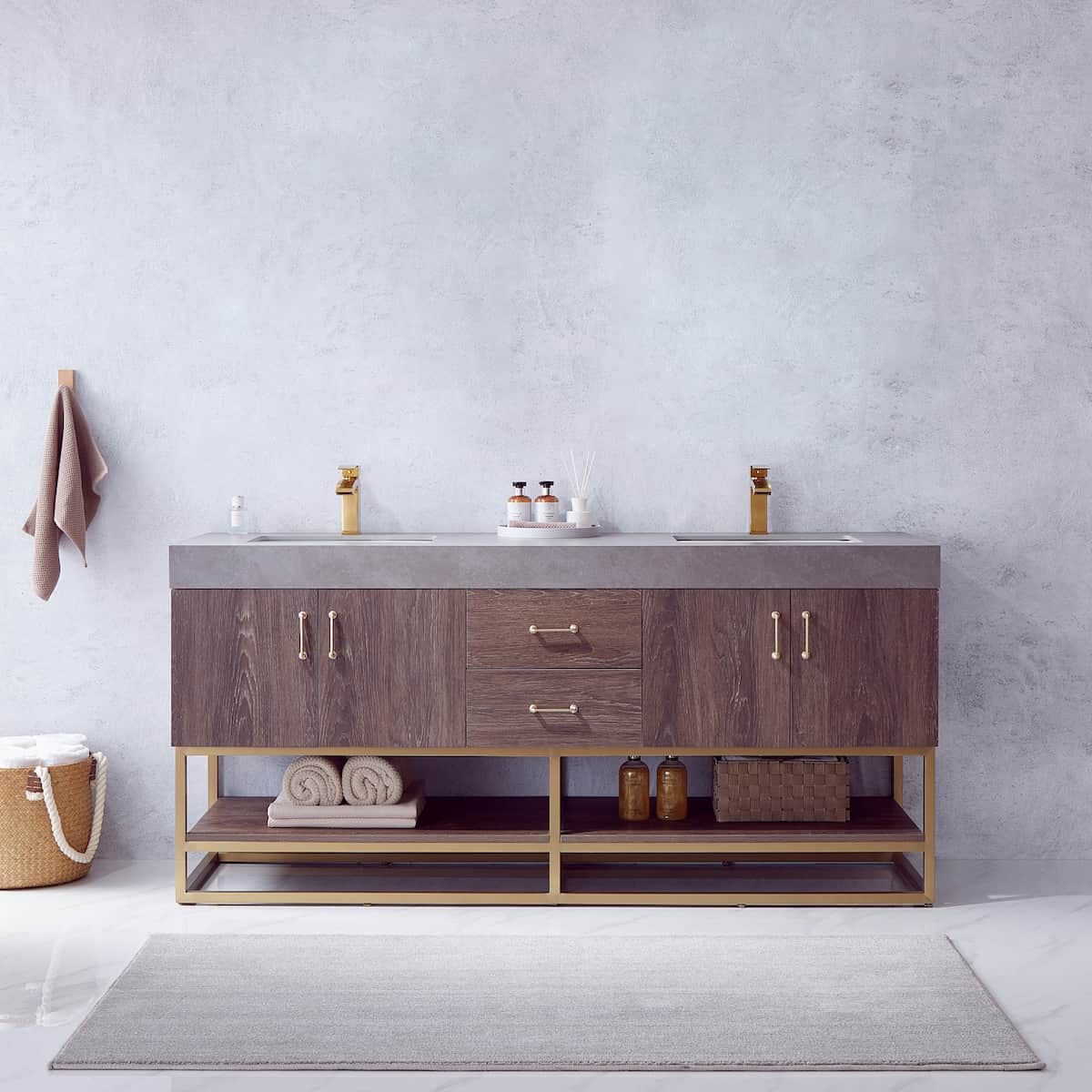 Vinnova Alistair 72 Inch Freestanding Double Sink Bath Vanity in North Carolina Oak and Brushed Gold Frame with Grey Sintered Stone Top Without Mirrors in Bathroom 789072-NC-WK-NM