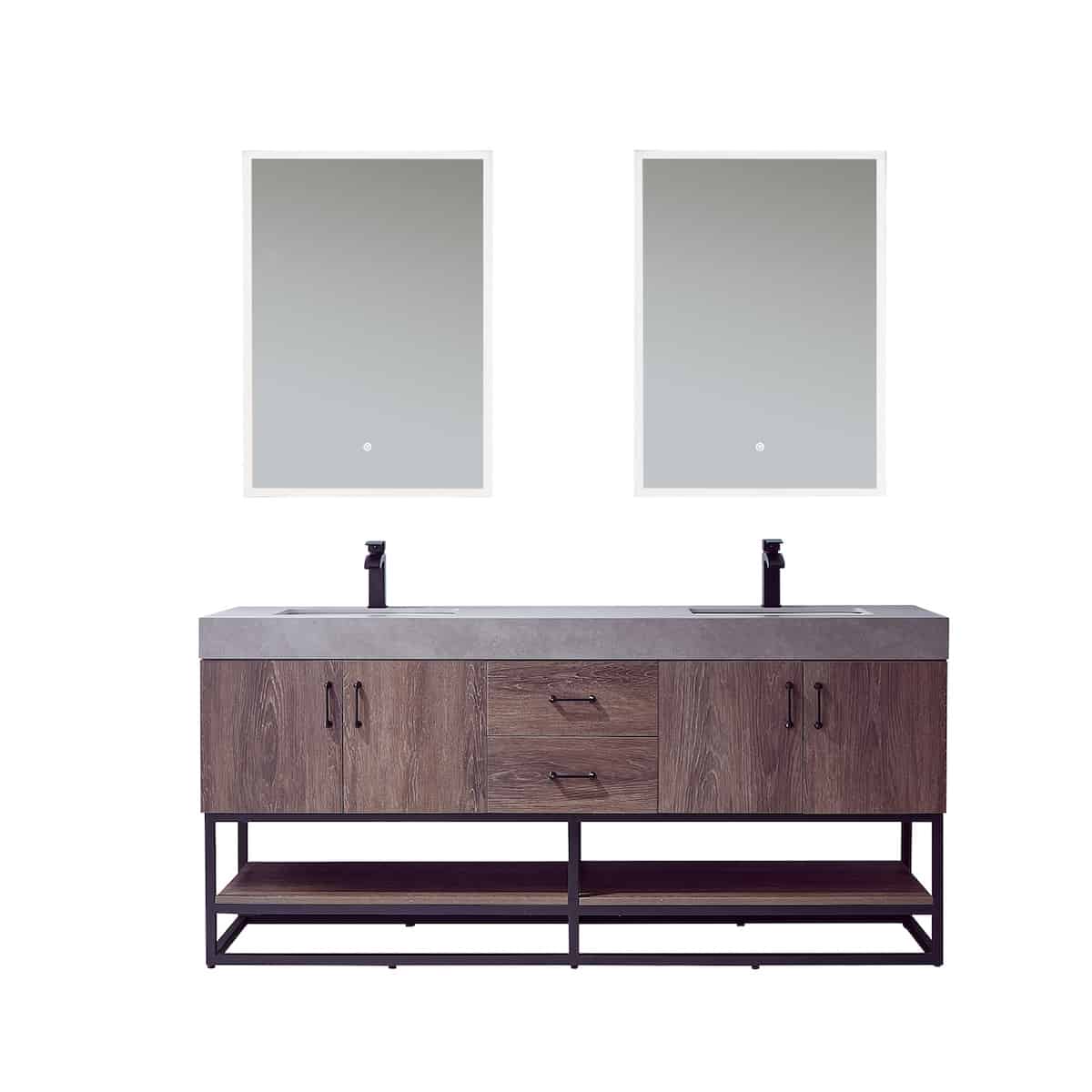 Vinnova Alistair 72 Inch Freestanding Double Sink Bath Vanity in North Carolina Oak and Matte Black Frame with Grey Sintered Stone Top With Mirrors 789072B-NC-WK