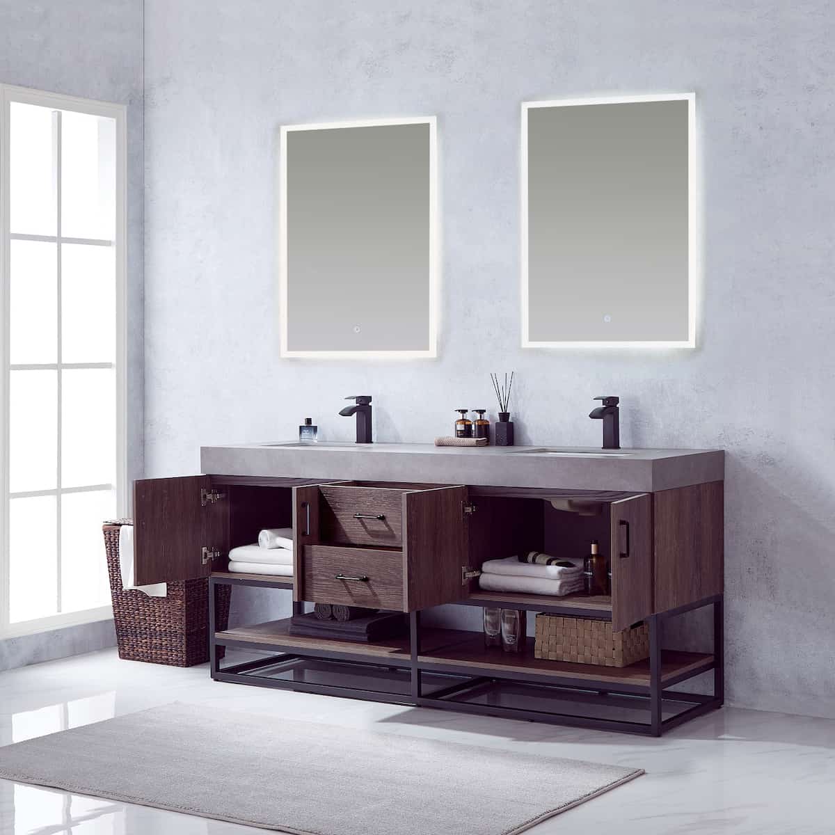 Vinnova Alistair 72 Inch Freestanding Double Sink Bath Vanity in North Carolina Oak and Matte Black Frame with Grey Sintered Stone Top With Mirrors Inside 789072B-NC-WK