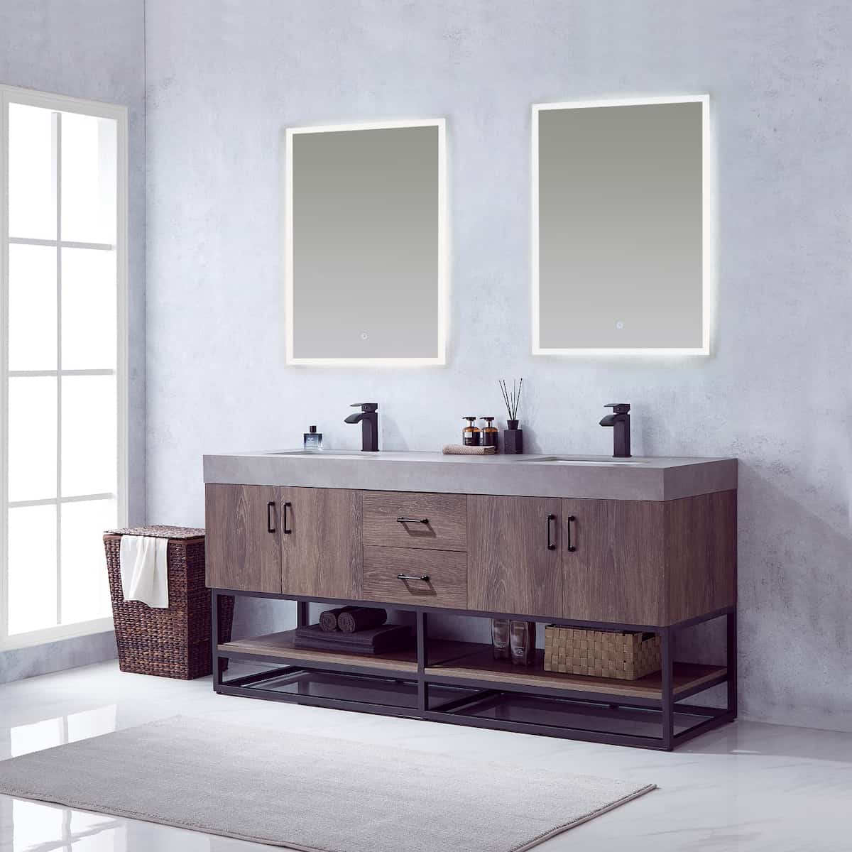 Vinnova Alistair 72 Inch Freestanding Double Sink Bath Vanity in North Carolina Oak and Matte Black Frame with Grey Sintered Stone Top With Mirrors Side 789072B-NC-WK