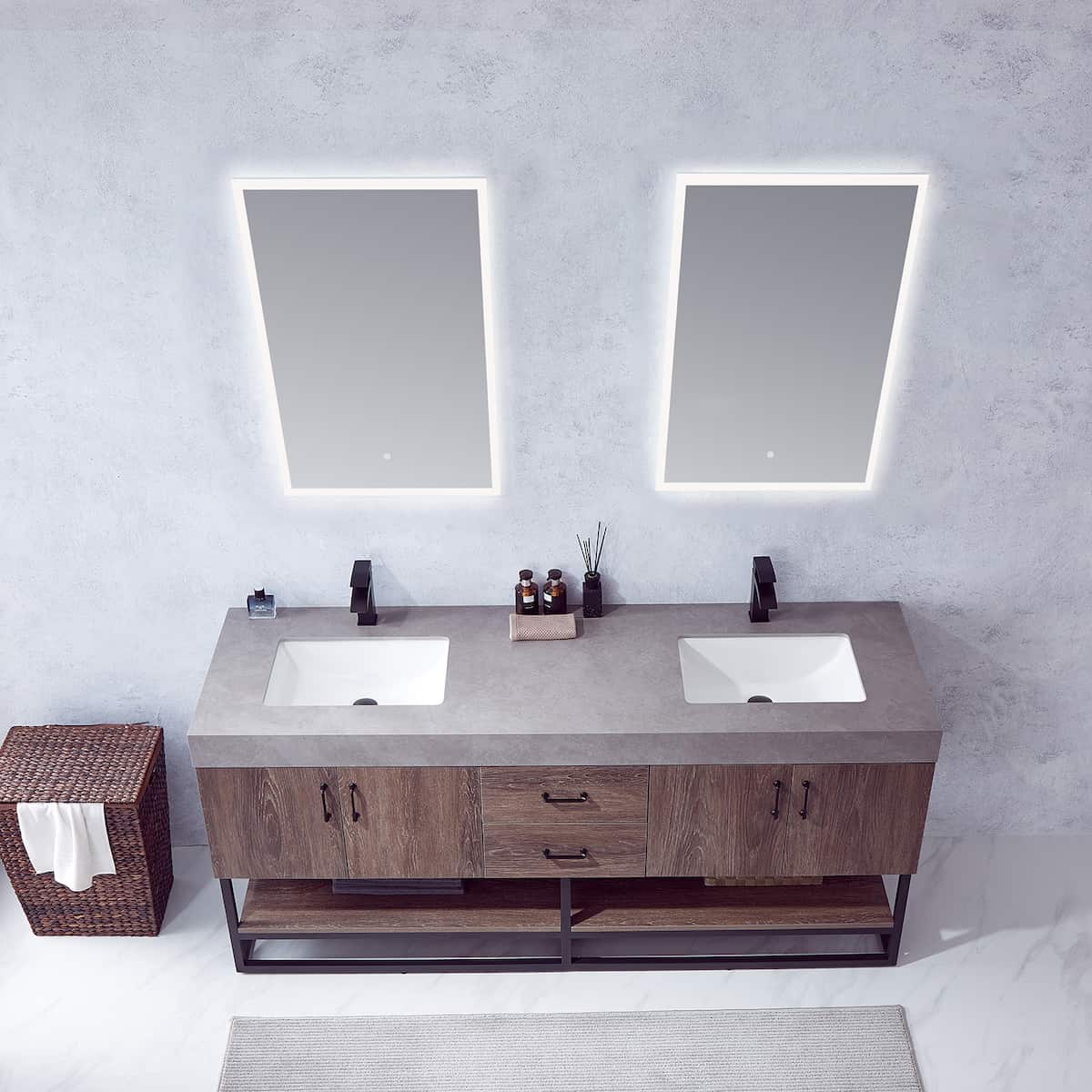 Vinnova Alistair 72 Inch Freestanding Double Sink Bath Vanity in North Carolina Oak and Matte Black Frame with Grey Sintered Stone Top With Mirrors Sinks 789072B-NC-WK
