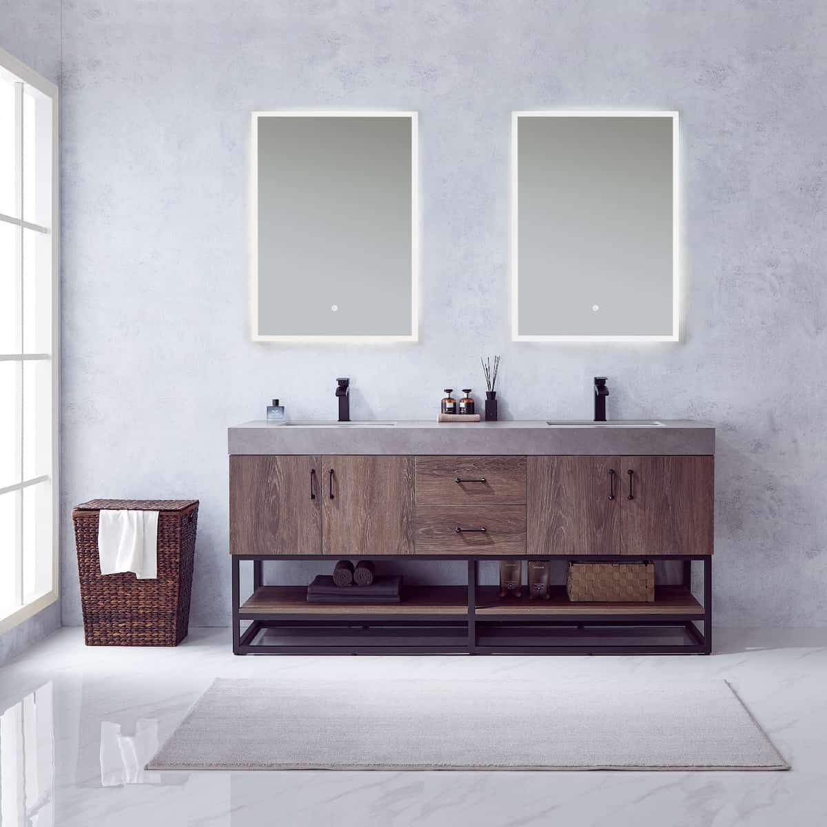 Vinnova Alistair 72 Inch Freestanding Double Sink Bath Vanity in North Carolina Oak and Matte Black Frame with Grey Sintered Stone Top With Mirrors in Bathroom 789072B-NC-WK