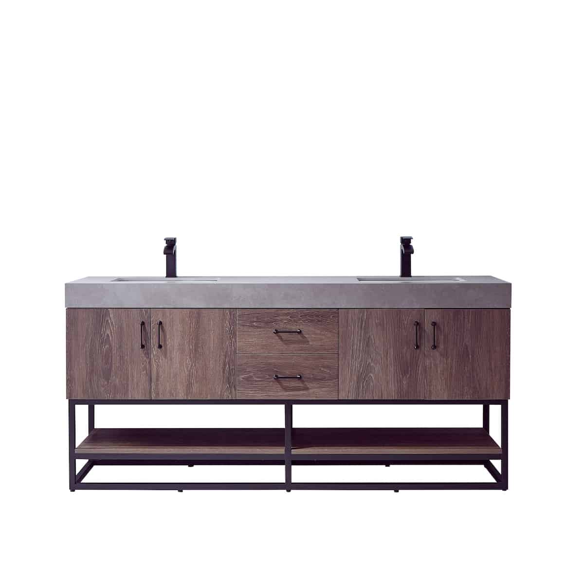 Vinnova Alistair 72 Inch Freestanding Double Sink Bath Vanity in North Carolina Oak and Matte Black Frame with Grey Sintered Stone Top Without Mirrors 789072B-NC-WK-NM