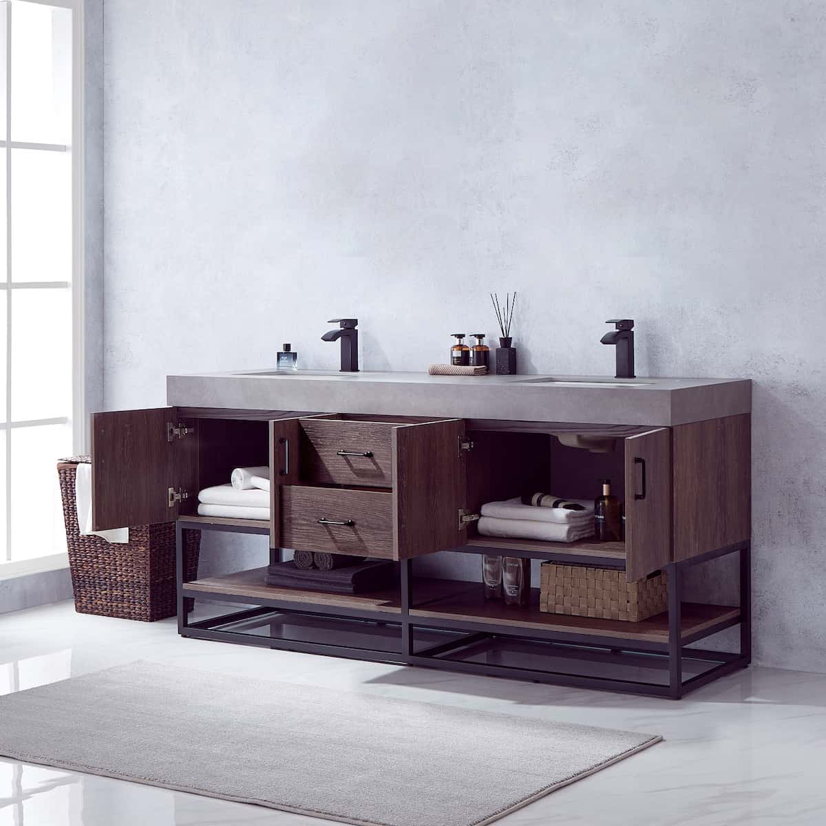Vinnova Alistair 72 Inch Freestanding Double Sink Bath Vanity in North Carolina Oak and Matte Black Frame with Grey Sintered Stone Top Without Mirrors Inside 789072B-NC-WK-NM