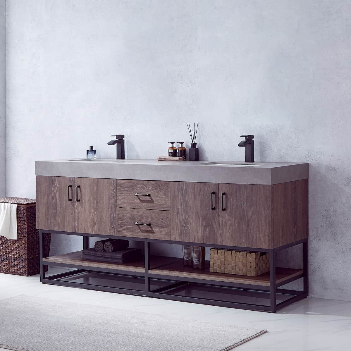 Vinnova Alistair 72 Inch Freestanding Double Sink Bath Vanity in North Carolina Oak and Matte Black Frame with Grey Sintered Stone Top Without Mirrors Side 789072B-NC-WK-NM
