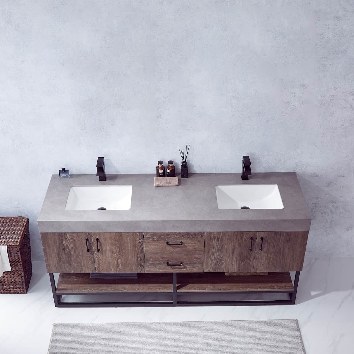 Vinnova Alistair 72 Inch Freestanding Double Sink Bath Vanity in North Carolina Oak and Matte Black Frame with Grey Sintered Stone Top Without Mirrors Sinks 789072B-NC-WK-NM
