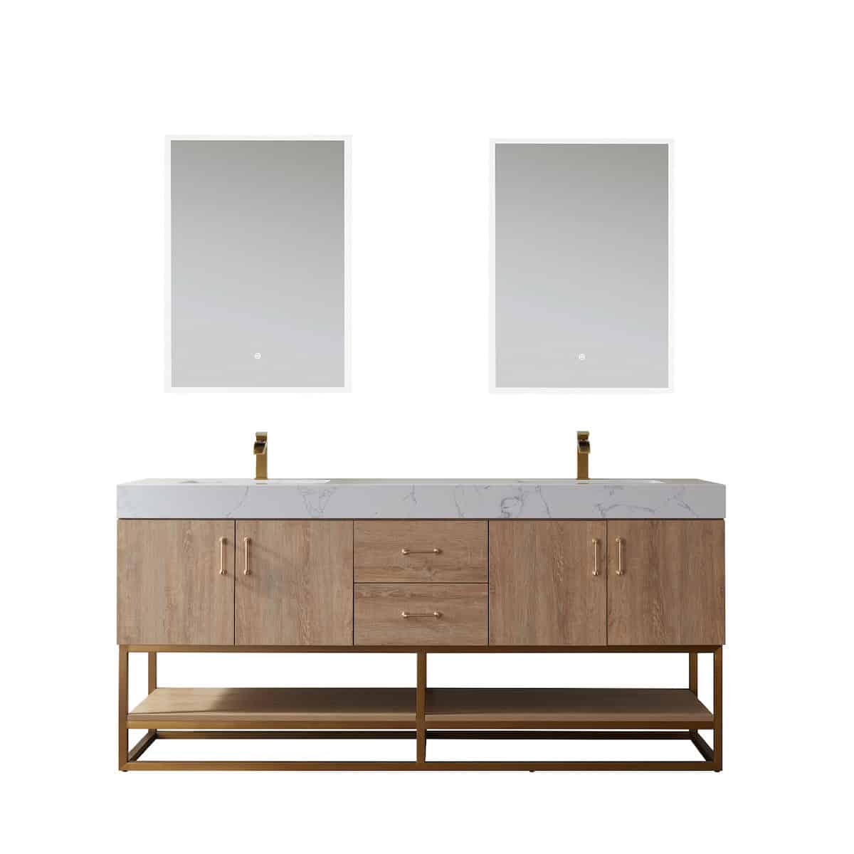 Vinnova Alistair 72 Inch Freestanding Double Vanity in North American Oak and Brushed Gold Frame with White Grain Stone Countertop With Mirrors 789072-NO-GW
