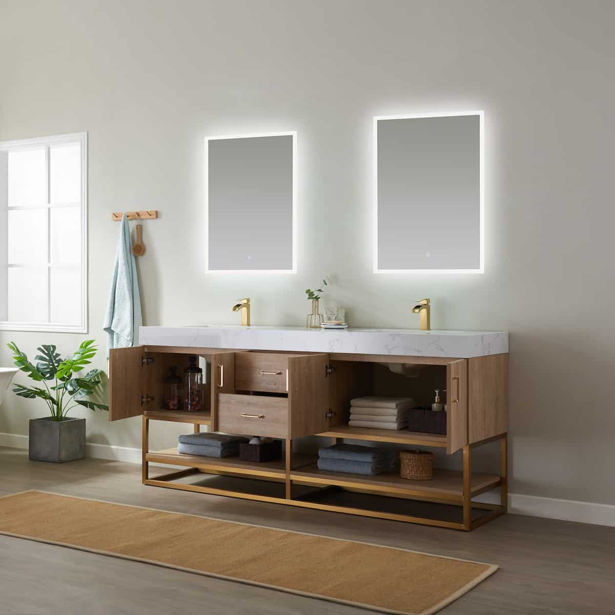 Vinnova Alistair 72 Inch Freestanding Double Vanity in North American Oak and Brushed Gold Frame with White Grain Stone Countertop With Mirrors Inside 789072-NO-GW