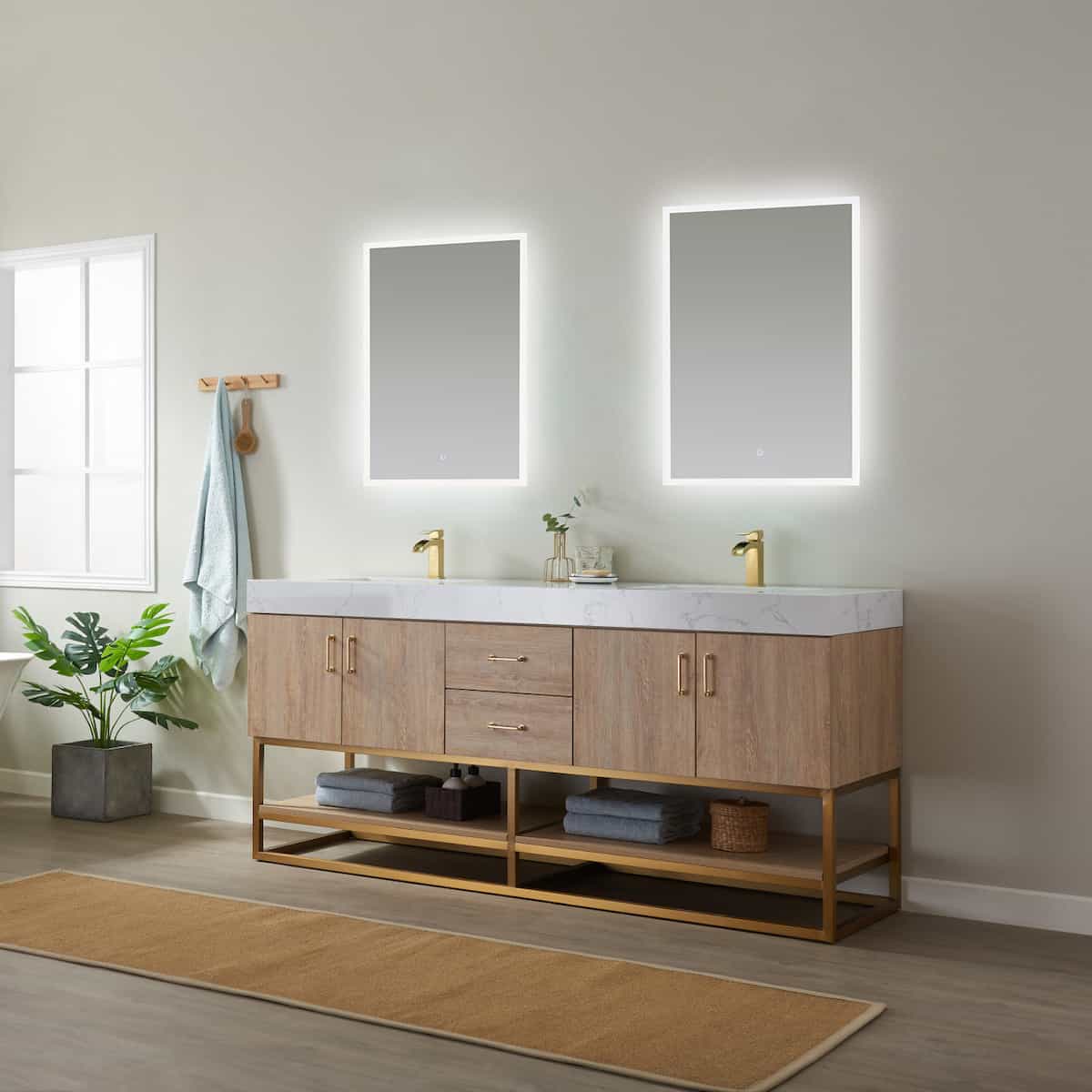 Vinnova Alistair 72 Inch Freestanding Double Vanity in North American Oak and Brushed Gold Frame with White Grain Stone Countertop With Mirrors Side 789072-NO-GW