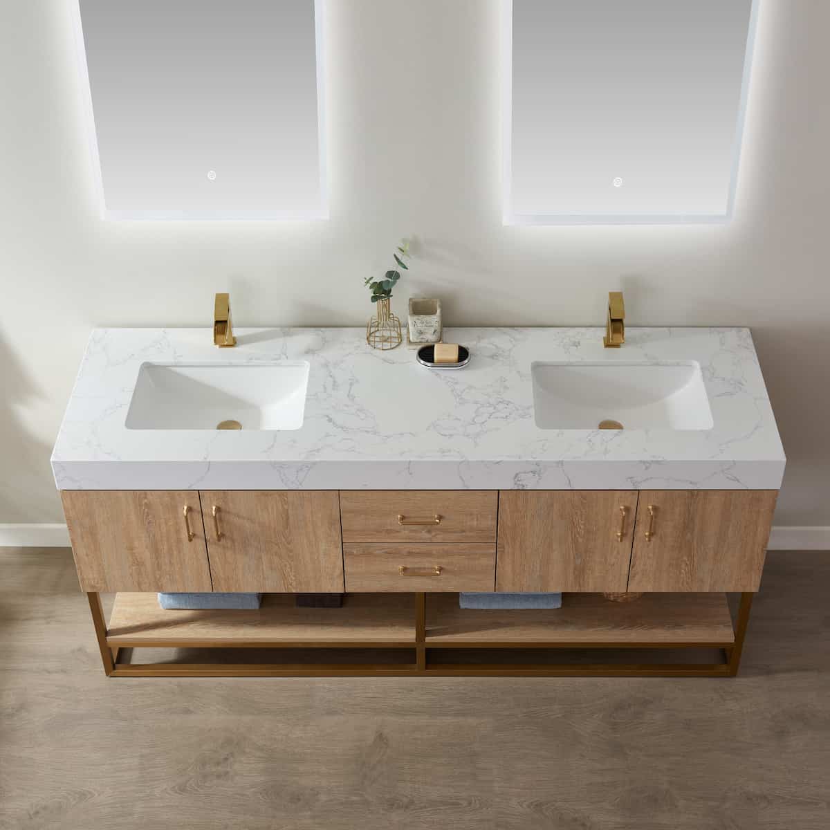Vinnova Alistair 72 Inch Freestanding Double Vanity in North American Oak and Brushed Gold Frame with White Grain Stone Countertop With Mirrors Sinks 789072-NO-GW