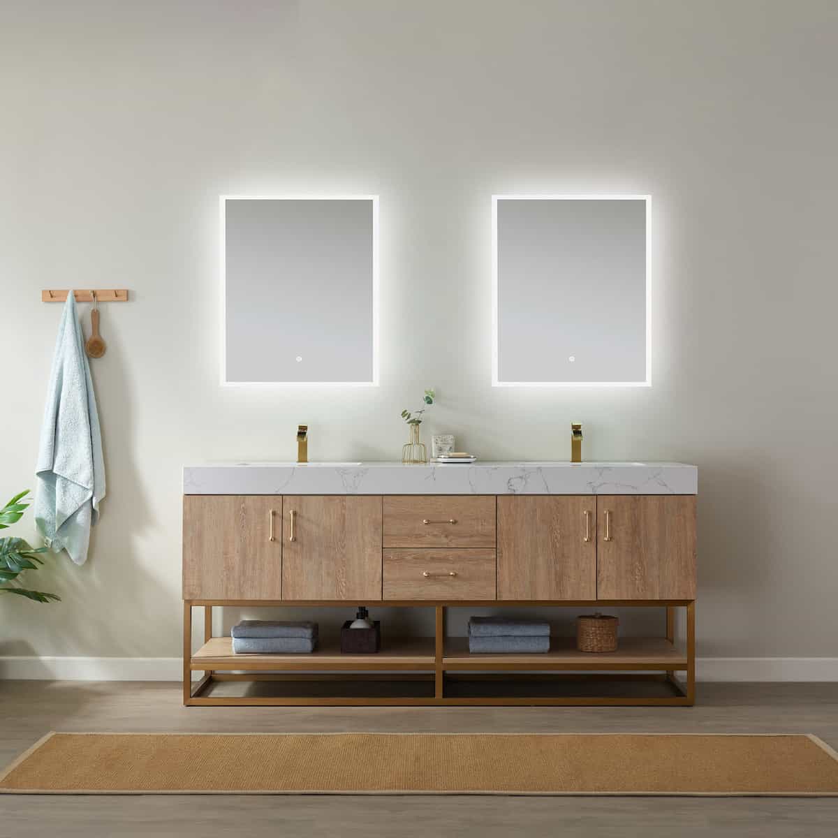Vinnova Alistair 72 Inch Freestanding Double Vanity in North American Oak and Brushed Gold Frame with White Grain Stone Countertop With Mirrors in Bathroom 789072-NO-GW