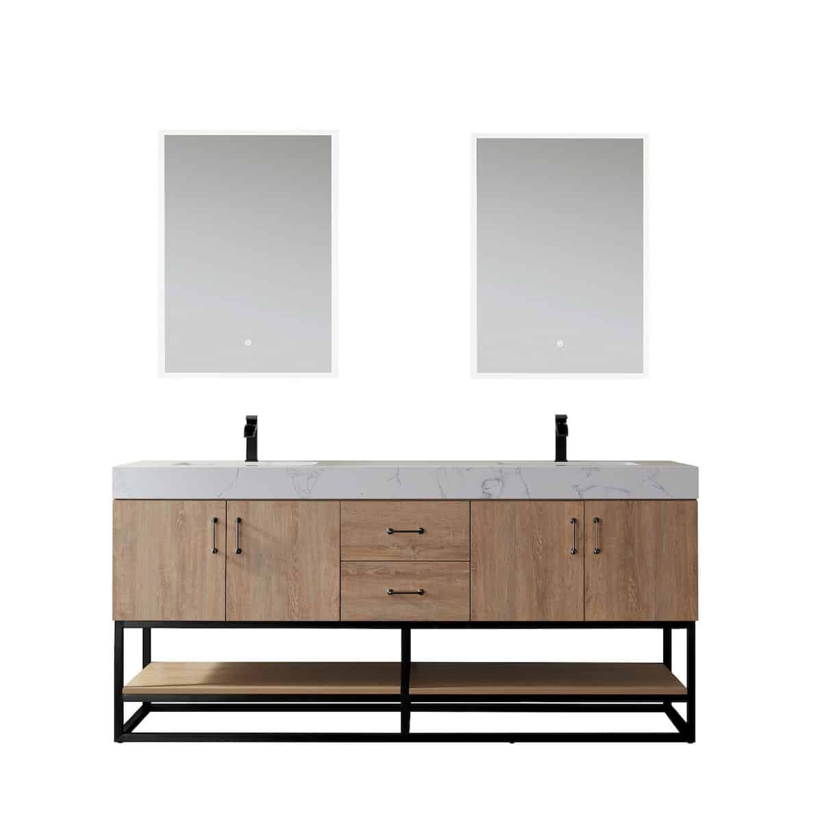 Vinnova Alistair 72 Inch Freestanding Double Vanity in North American Oak and Matte Black Frame with White Grain Stone Countertop With Mirrors 789072B-NO-GW