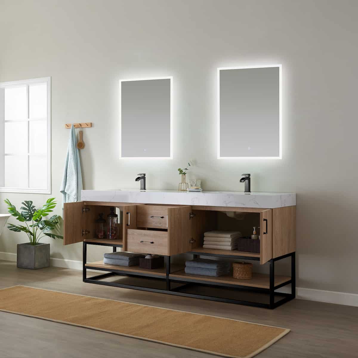 Vinnova Alistair 72 Inch Freestanding Double Vanity in North American Oak and Matte Black Frame with White Grain Stone Countertop With Mirrors Inside 789072B-NO-GW