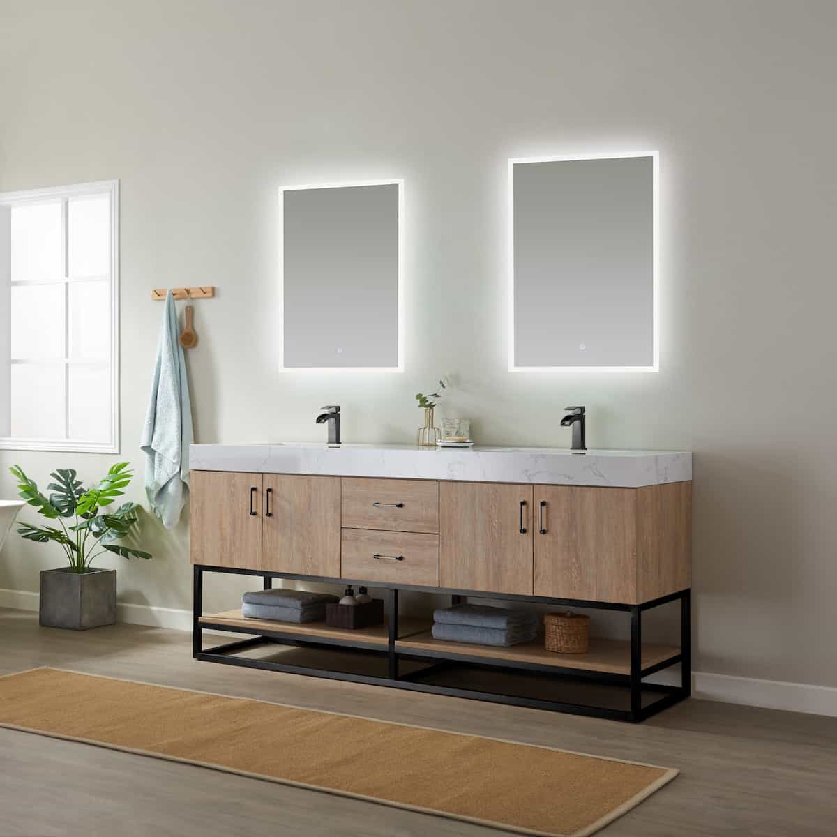 Vinnova Alistair 72 Inch Freestanding Double Vanity in North American Oak and Matte Black Frame with White Grain Stone Countertop With Mirrors Side 789072B-NO-GW