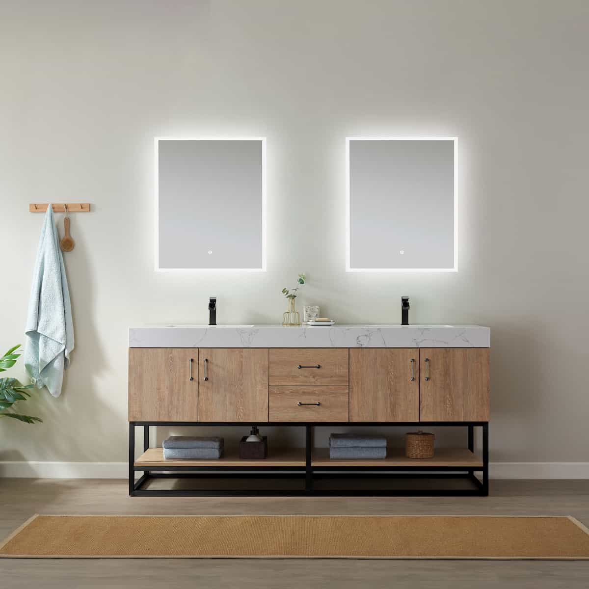 Vinnova Alistair 72 Inch Freestanding Double Vanity in North American Oak and Matte Black Frame with White Grain Stone Countertop With Mirrors in Bathroom 789072B-NO-GW
