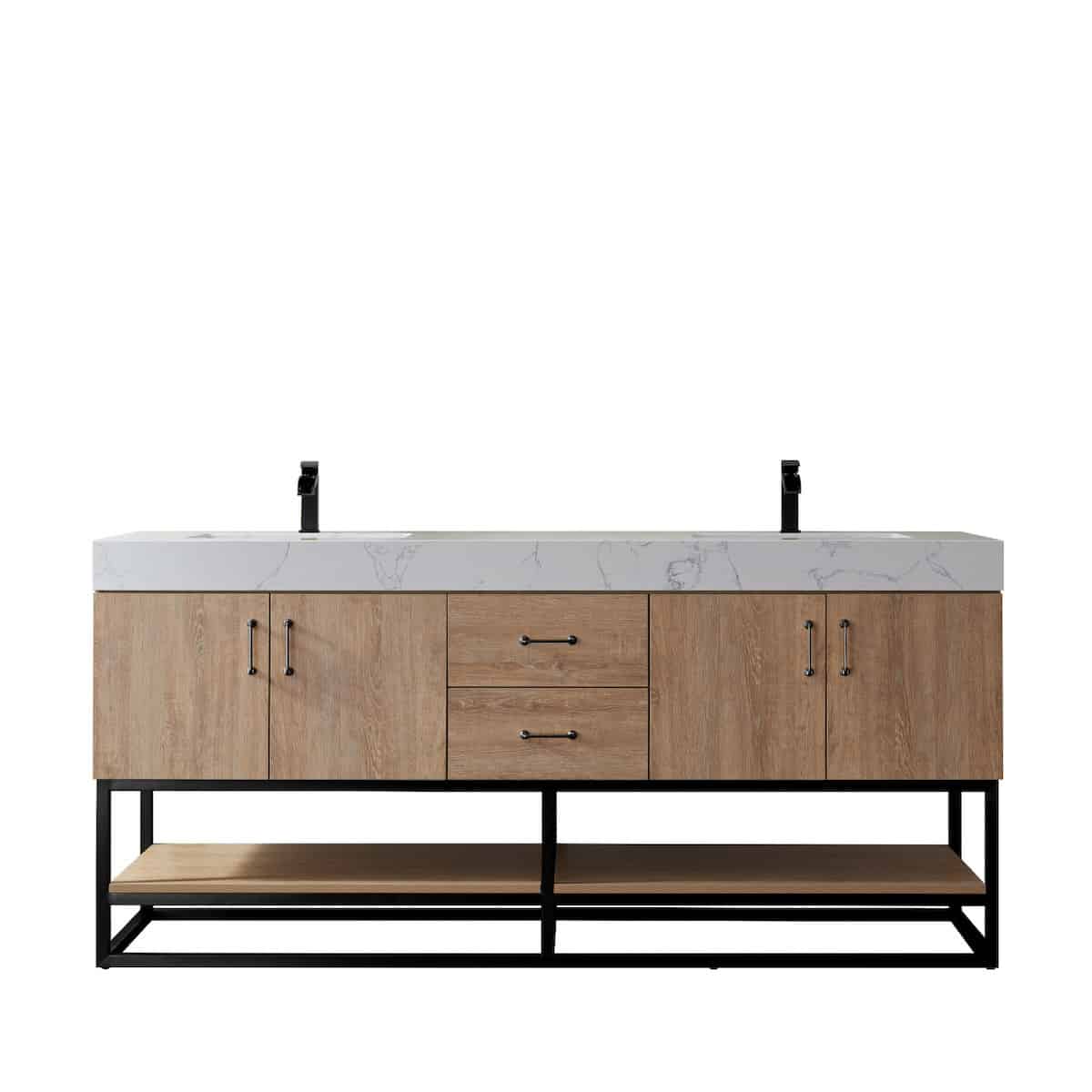 Vinnova Alistair 72 Inch Freestanding Double Vanity in North American Oak and Matte Black Frame with White Grain Stone Countertop Without Mirrors 789072B-NO-GW-NM