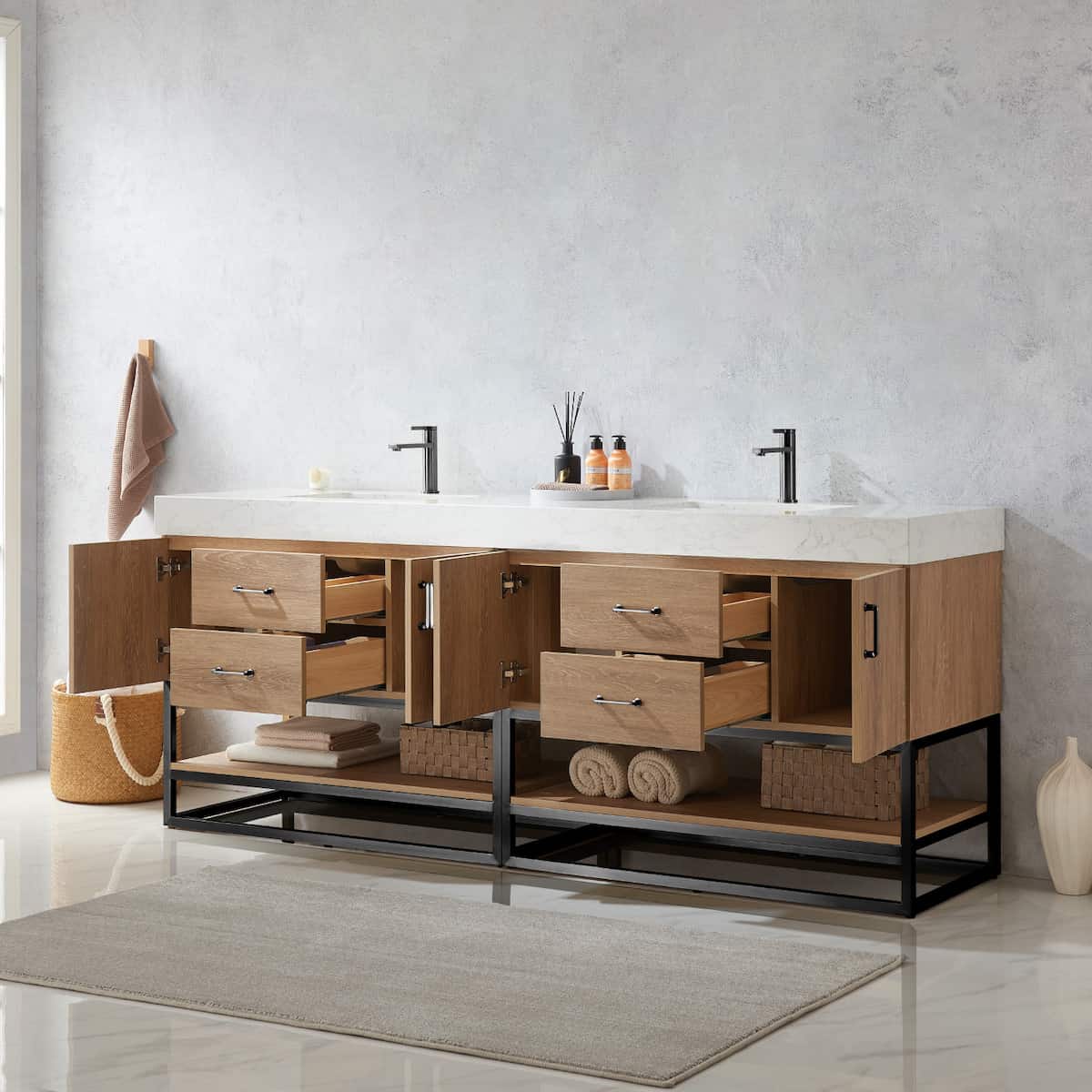Vinnova Alistair 84 Inch Freestanding Double Vanity in North American Oak and Matte Black Frame with White Grain Stone Countertop Without Mirrors Inside 789084B-NO-GW-NM