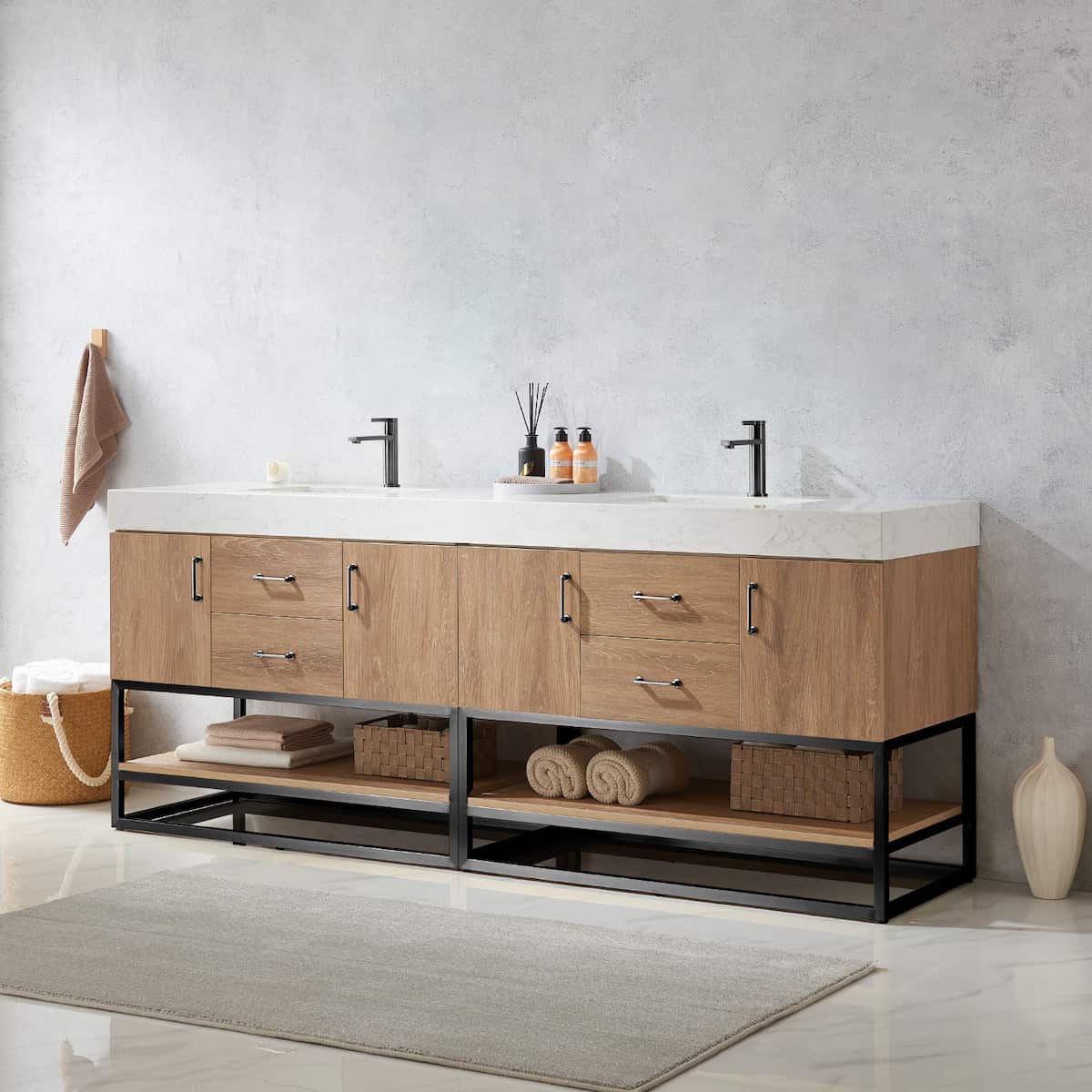 Vinnova Alistair 84 Inch Freestanding Double Vanity in North American Oak and Matte Black Frame with White Grain Stone Countertop Without Mirrors Side 789084B-NO-GW-NM