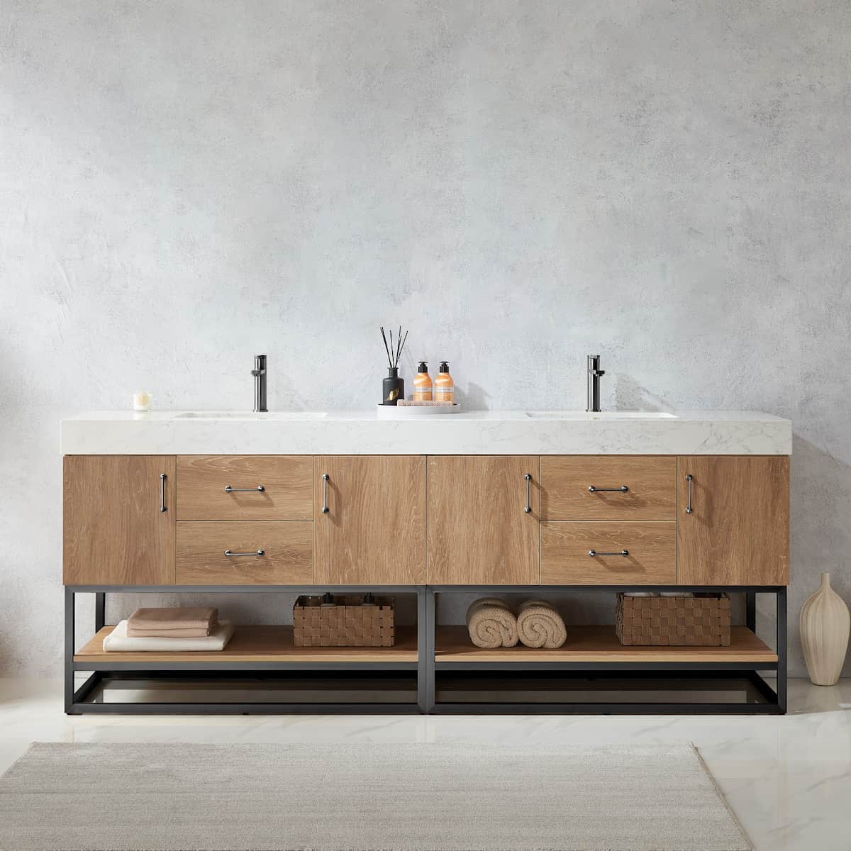 Vinnova Alistair 84 Inch Freestanding Double Vanity in North American Oak and Matte Black Frame with White Grain Stone Countertop Without Mirrors in Bathroom 789084B-NO-GW-NM