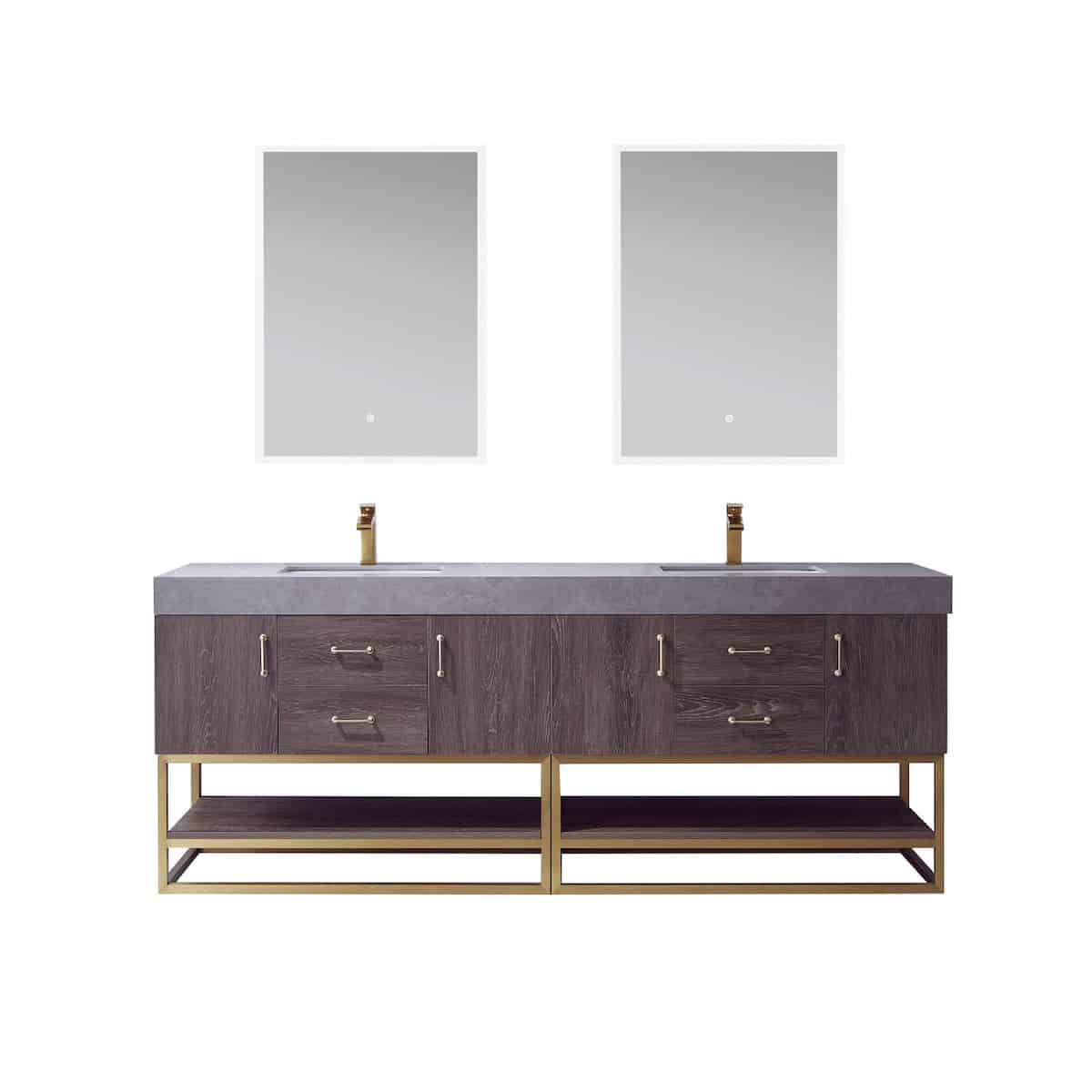 Vinnova Alistair 84 Inch Freestanding Double Sink Bath Vanity in North Carolina Oak and Brushed Gold Frame with Grey Sintered Stone Top With Mirrors 789084-NC-WK