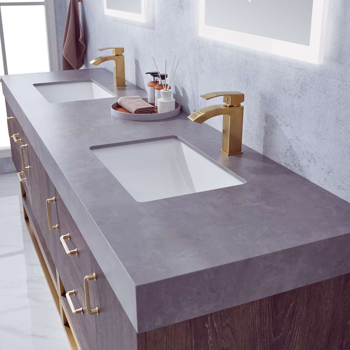 Vinnova Alistair 84 Inch Freestanding Double Sink Bath Vanity in North Carolina Oak and Brushed Gold Frame with Grey Sintered Stone Top With Mirrors Counter  789084-NC-WK