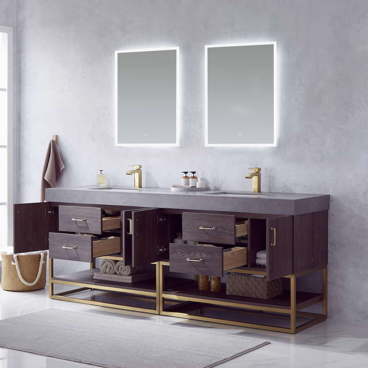 Vinnova Alistair 84 Inch Freestanding Double Sink Bath Vanity in North Carolina Oak and Brushed Gold Frame with Grey Sintered Stone Top With Mirrors Inside 789084-NC-WK