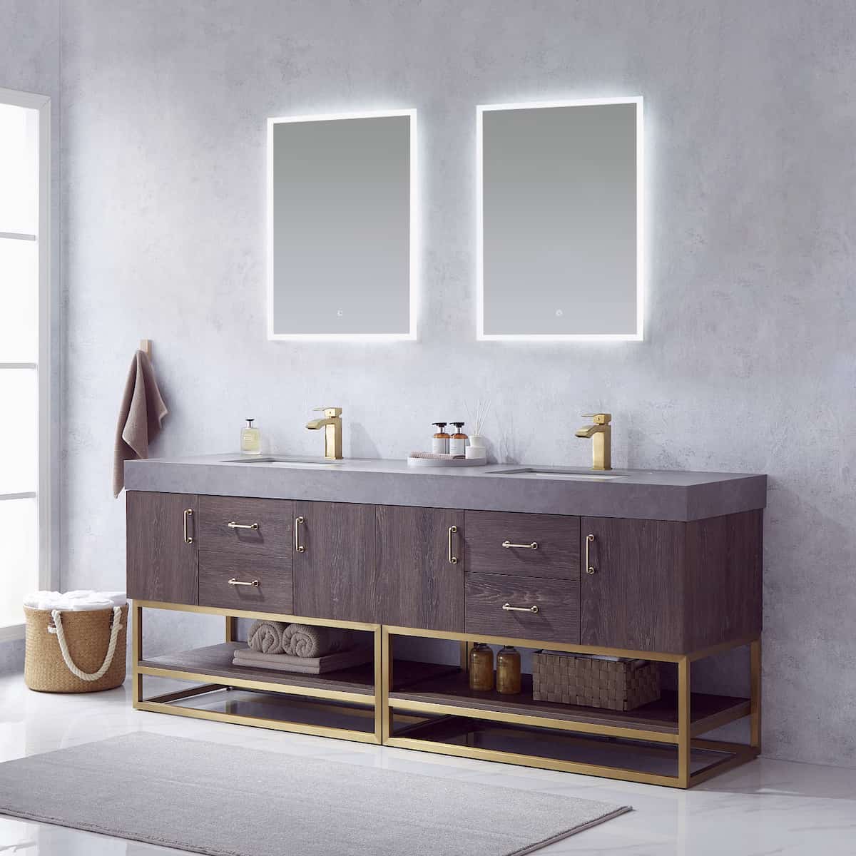 Vinnova Alistair 84 Inch Freestanding Double Sink Bath Vanity in North Carolina Oak and Brushed Gold Frame with Grey Sintered Stone Top With Mirrors Side 789084-NC-WK