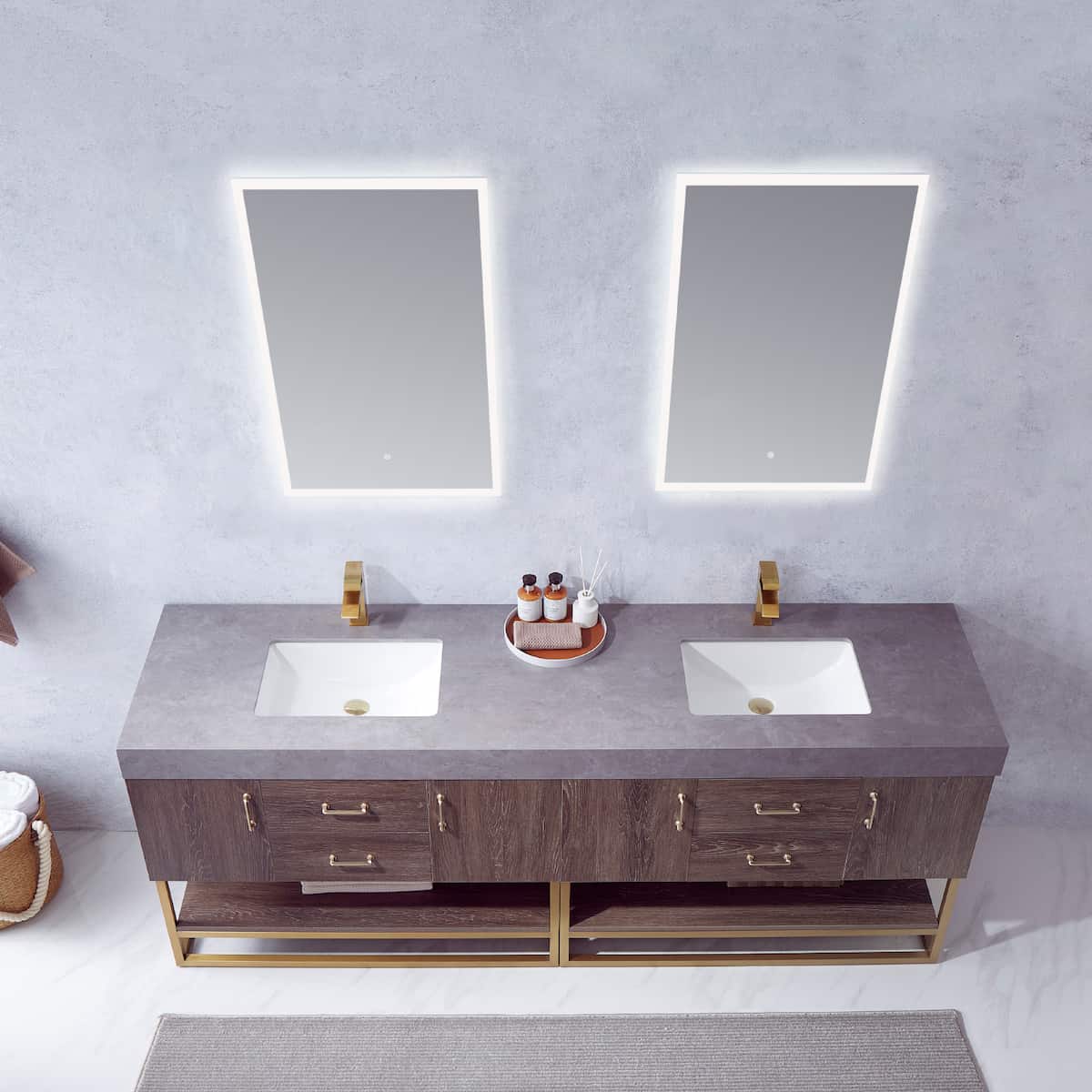 Vinnova Alistair 84 Inch Freestanding Double Sink Bath Vanity in North Carolina Oak and Brushed Gold Frame with Grey Sintered Stone Top With Mirrors Sinks 789084-NC-WK