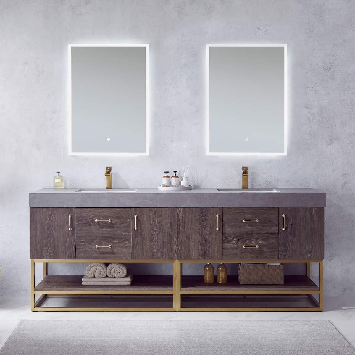 Vinnova Alistair 84 Inch Freestanding Double Sink Bath Vanity in North Carolina Oak and Brushed Gold Frame with Grey Sintered Stone Top With Mirrors in Bathroom 789084-NC-WK