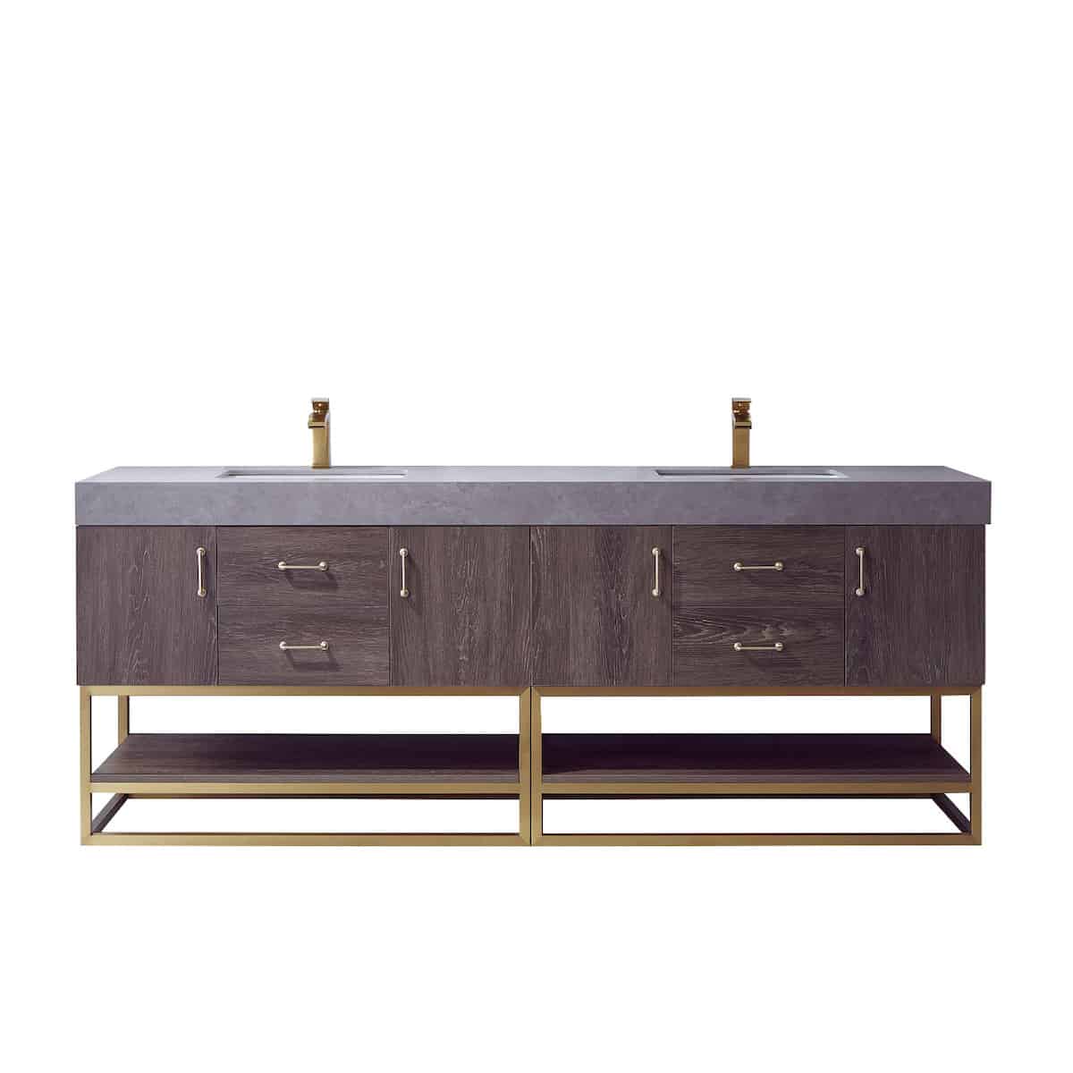 Vinnova Alistair 84 Inch Freestanding Double Sink Bath Vanity in North Carolina Oak and Brushed Gold Frame with Grey Sintered Stone Top Without Mirrors 789084-NC-WK-NM