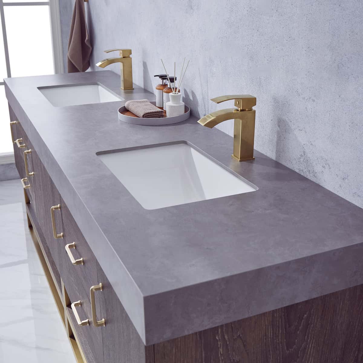 Vinnova Alistair 84 Inch Freestanding Double Sink Bath Vanity in North Carolina Oak and Brushed Gold Frame with Grey Sintered Stone Top Without Mirrors Counter 789084-NC-WK-NM