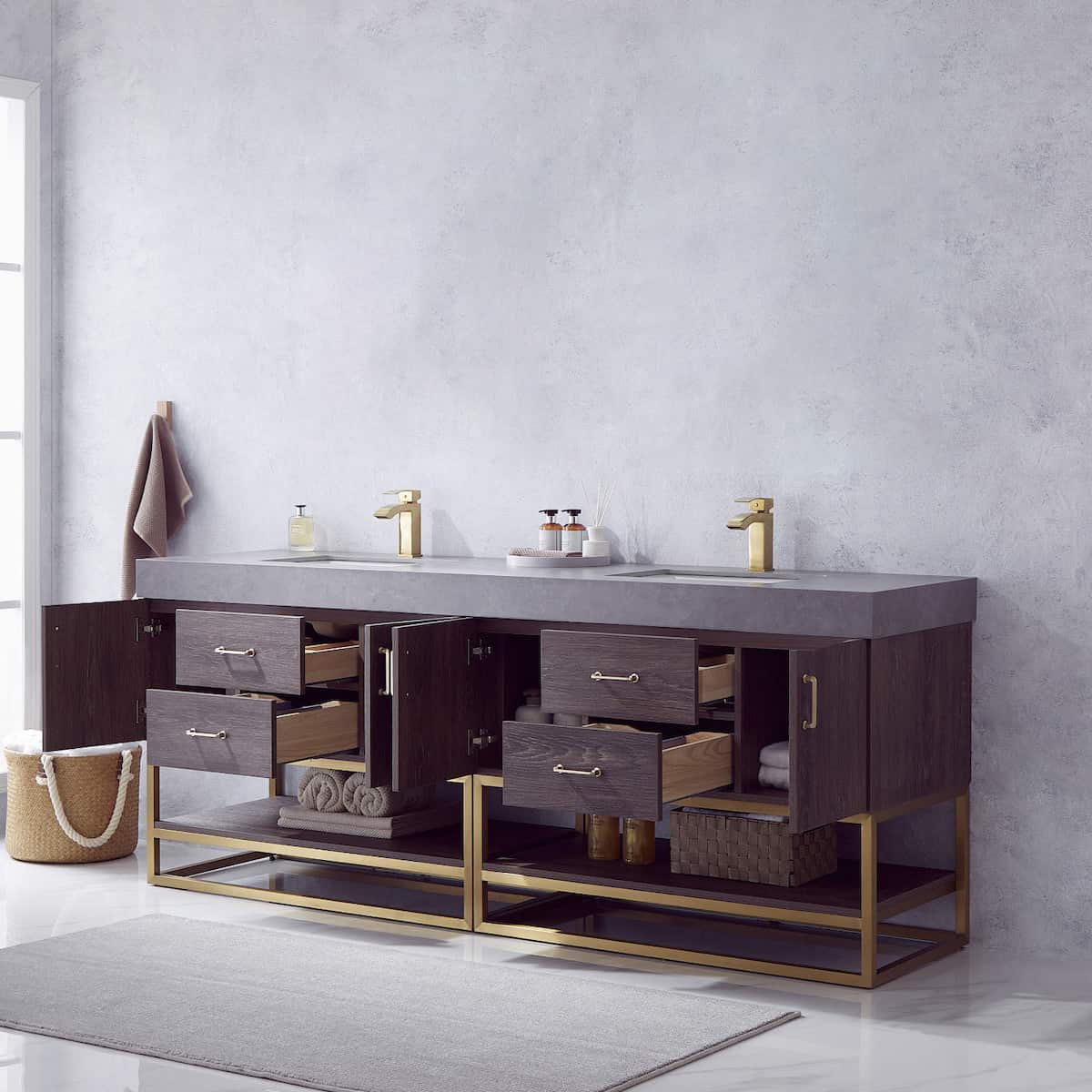 Vinnova Alistair 84 Inch Freestanding Double Sink Bath Vanity in North Carolina Oak and Brushed Gold Frame with Grey Sintered Stone Top Without Mirrors Inside 789084-NC-WK-NM