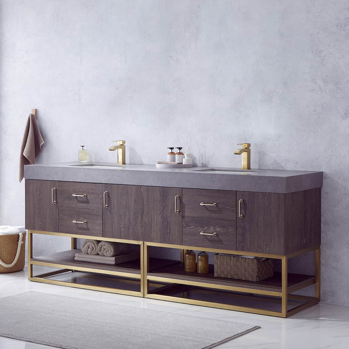 Vinnova Alistair 84 Inch Freestanding Double Sink Bath Vanity in North Carolina Oak and Brushed Gold Frame with Grey Sintered Stone Top Without Mirrors Side 789084-NC-WK-NM