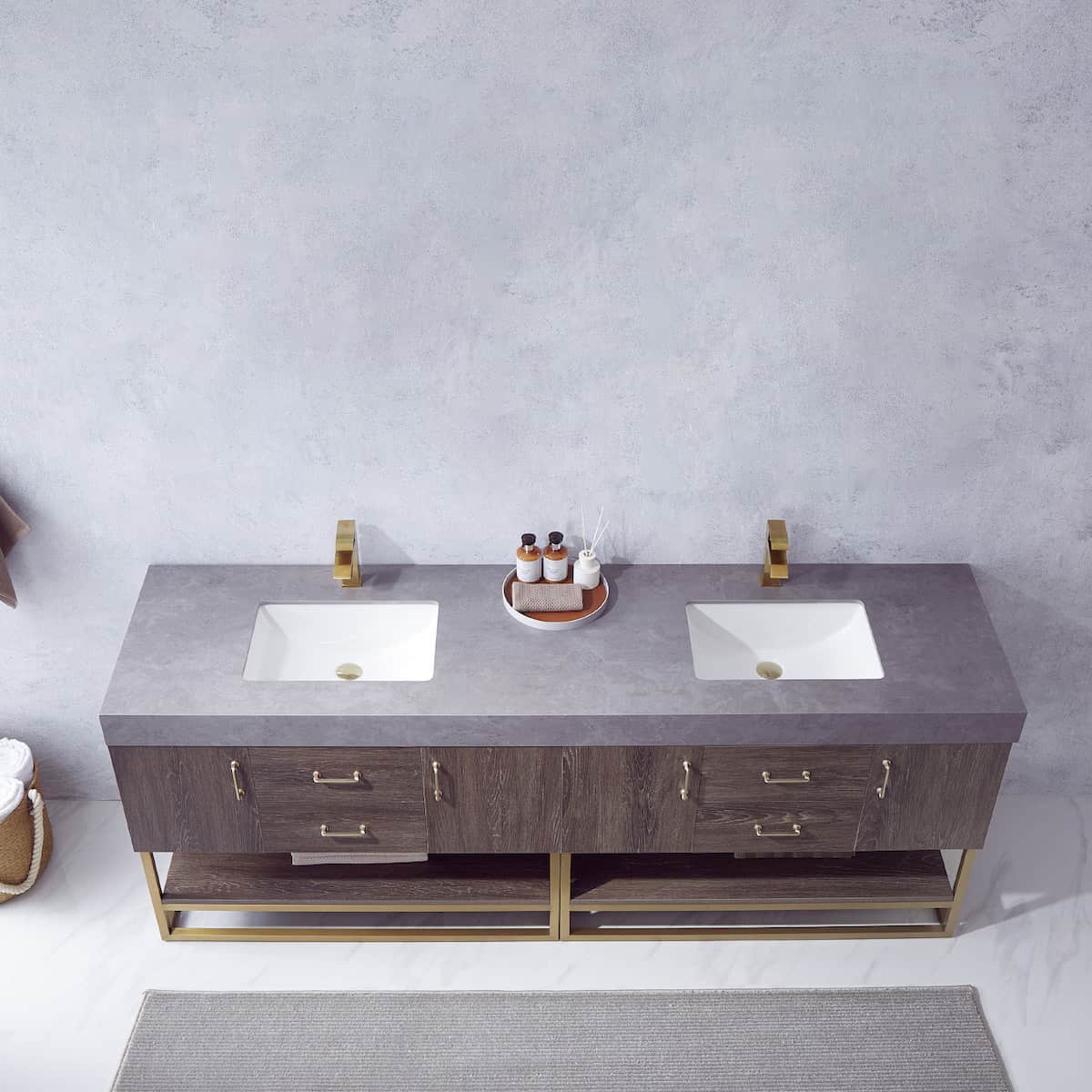 Vinnova Alistair 84 Inch Freestanding Double Sink Bath Vanity in North Carolina Oak and Brushed Gold Frame with Grey Sintered Stone Top Without Mirrors Sinks 789084-NC-WK-NM