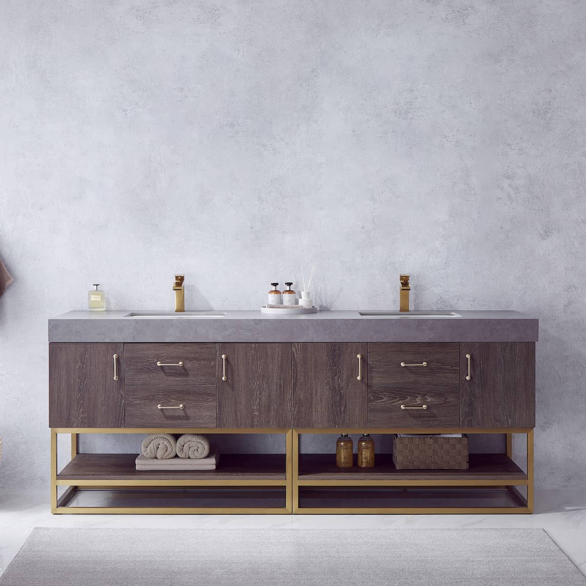 Vinnova Alistair 84 Inch Freestanding Double Sink Bath Vanity in North Carolina Oak and Brushed Gold Frame with Grey Sintered Stone Top Without Mirrors in Bathroom 789084-NC-WK-NM