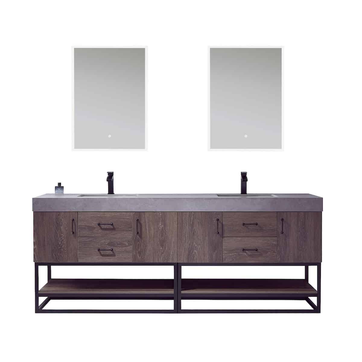 Vinnova Alistair 84 Inch Freestanding Double Sink Bath Vanity in North Carolina Oak and Matte Black Frame with Grey Sintered Stone Top With Mirrors 789084B-NC-WK
