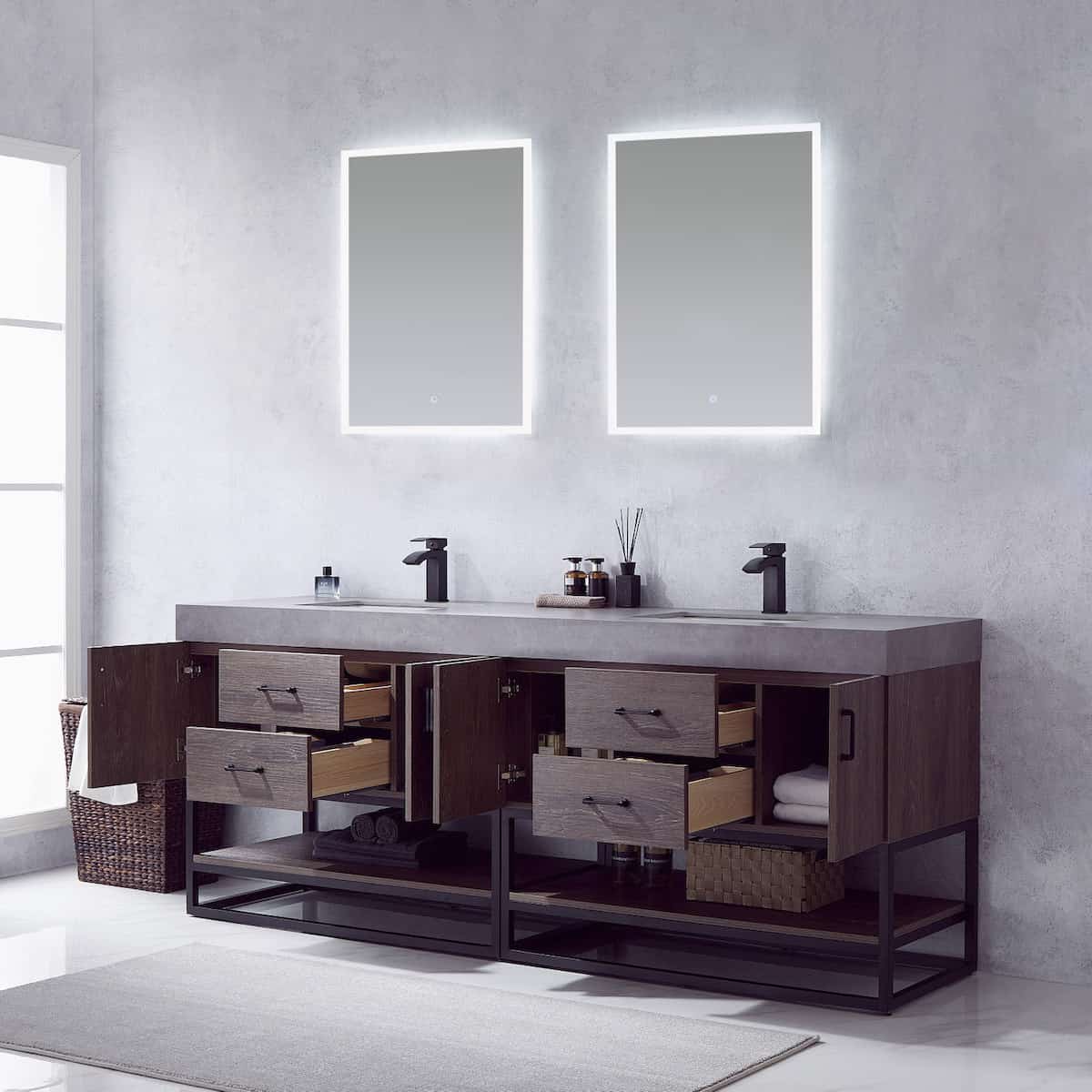 Vinnova Alistair 84 Inch Freestanding Double Sink Bath Vanity in North Carolina Oak and Matte Black Frame with Grey Sintered Stone Top With Mirrors Inside 789084B-NC-WK