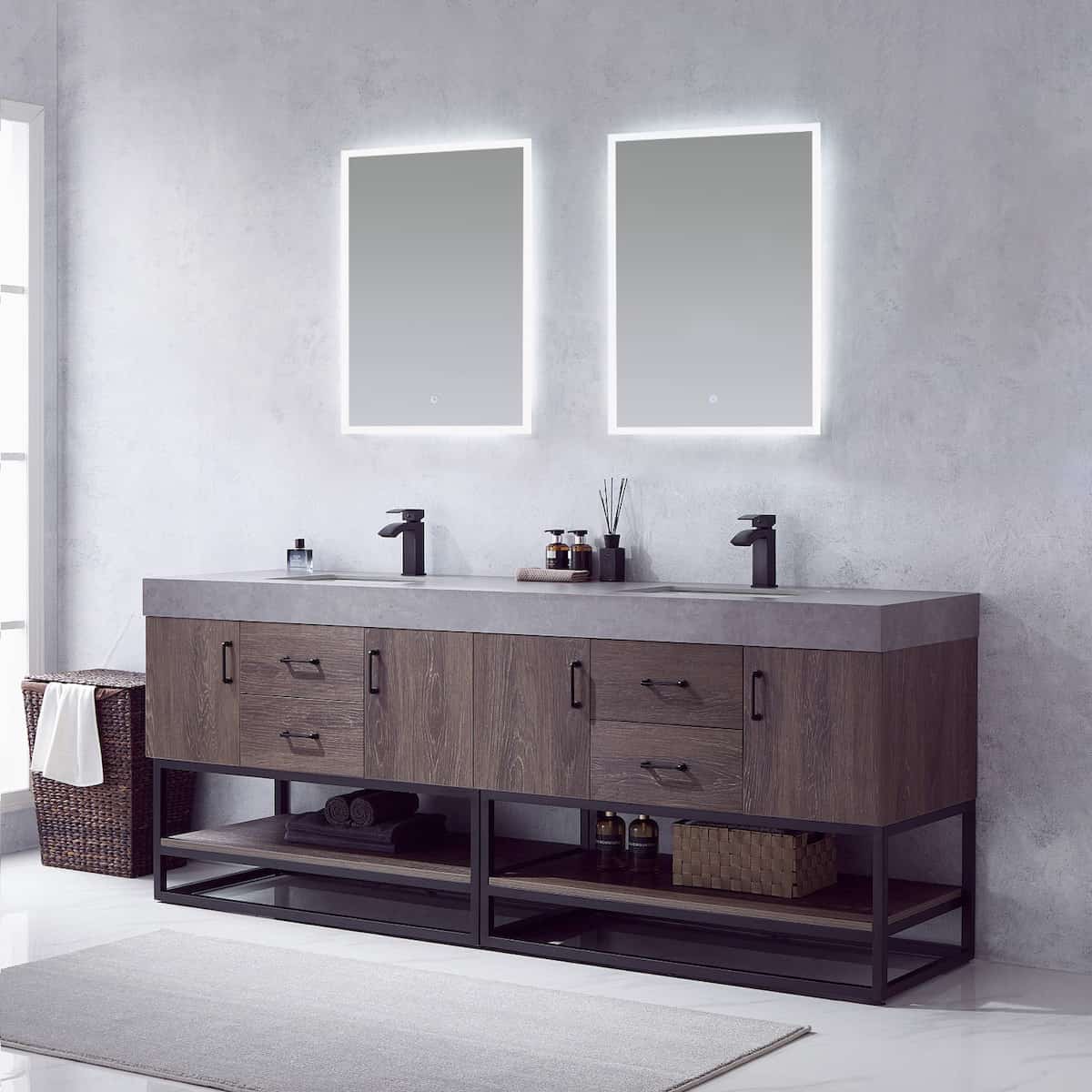 Vinnova Alistair 84 Inch Freestanding Double Sink Bath Vanity in North Carolina Oak and Matte Black Frame with Grey Sintered Stone Top With Mirrors Side 789084B-NC-WK