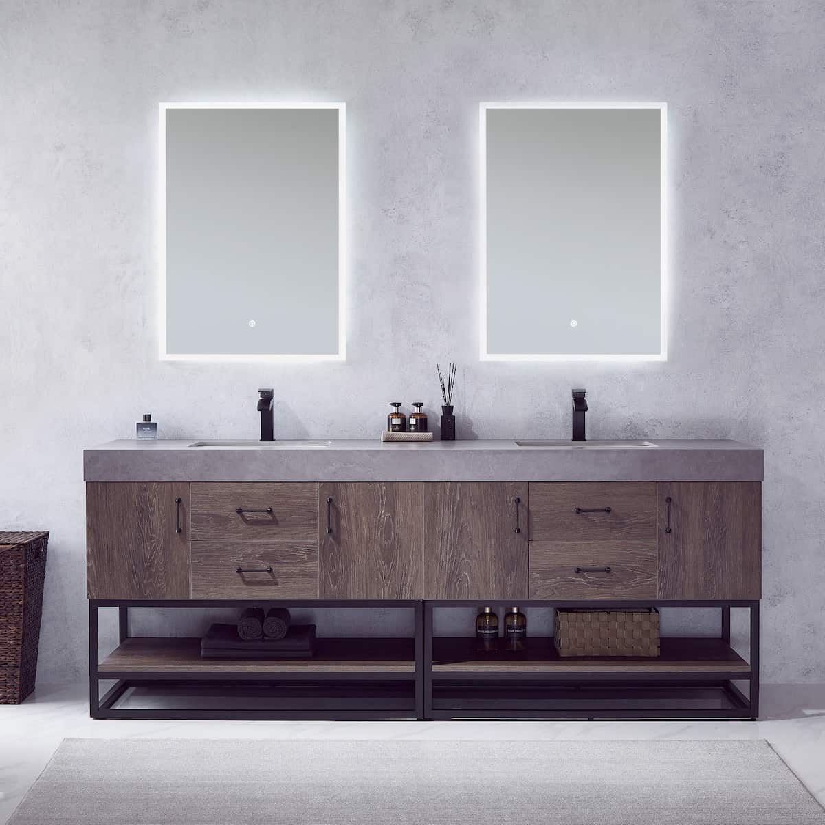 Vinnova Alistair 84 Inch Freestanding Double Sink Bath Vanity in North Carolina Oak and Matte Black Frame with Grey Sintered Stone Top With Mirrors in Bathroom 789084B-NC-WK