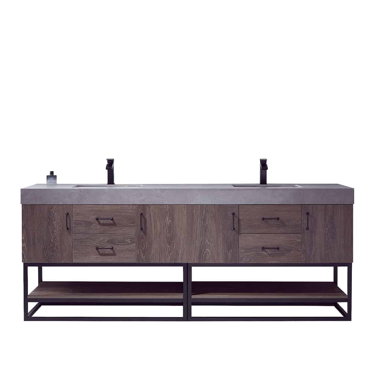 Vinnova Alistair 84 Inch Freestanding Double Sink Bath Vanity in North Carolina Oak and Matte Black Frame with Grey Sintered Stone Top Without Mirrors 789084B-NC-WK-NM