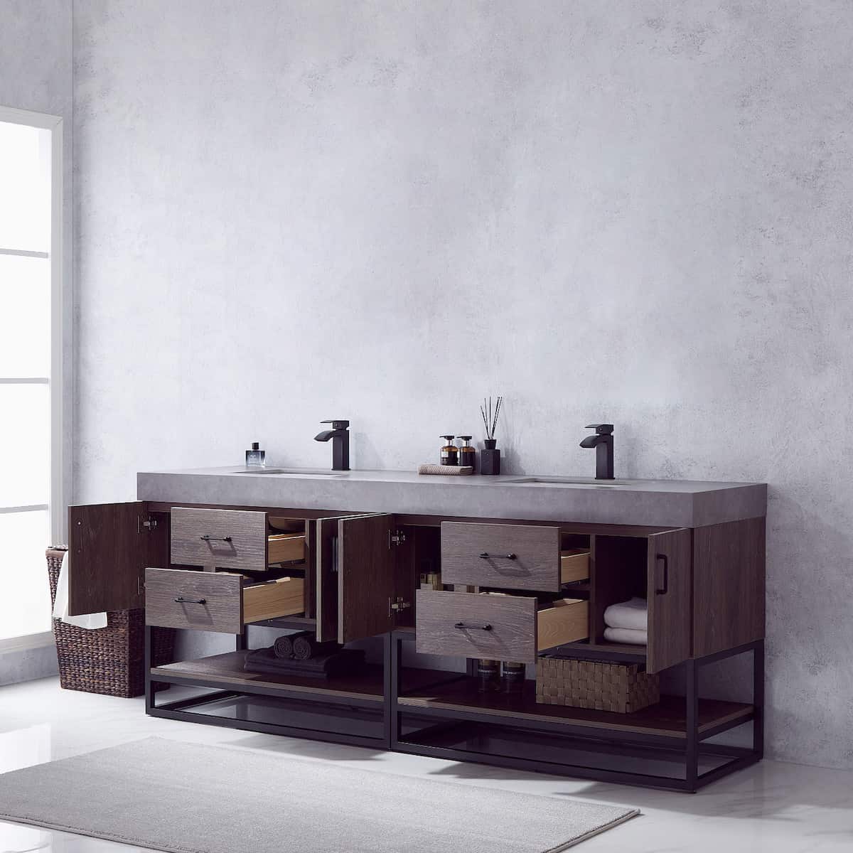 Vinnova Alistair 84 Inch Freestanding Double Sink Bath Vanity in North Carolina Oak and Matte Black Frame with Grey Sintered Stone Top Without Mirrors Inside 789084B-NC-WK-NM