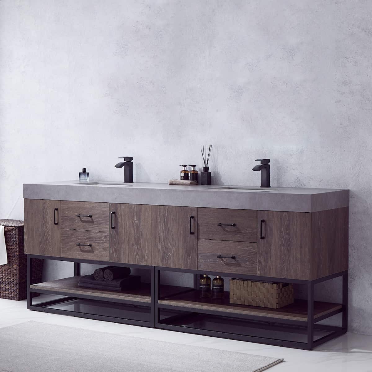 Vinnova Alistair 84 Inch Freestanding Double Sink Bath Vanity in North Carolina Oak and Matte Black Frame with Grey Sintered Stone Top Without Mirrors Side 789084B-NC-WK-NM
