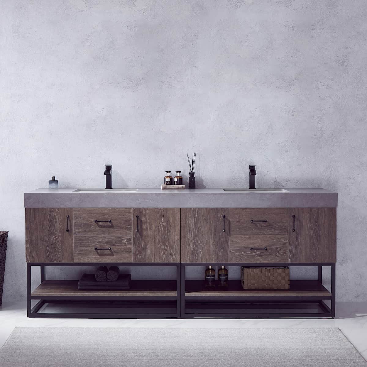Vinnova Alistair 84 Inch Freestanding Double Sink Bath Vanity in North Carolina Oak and Matte Black Frame with Grey Sintered Stone Top Without Mirrors in Bathroom 789084B-NC-WK-NM