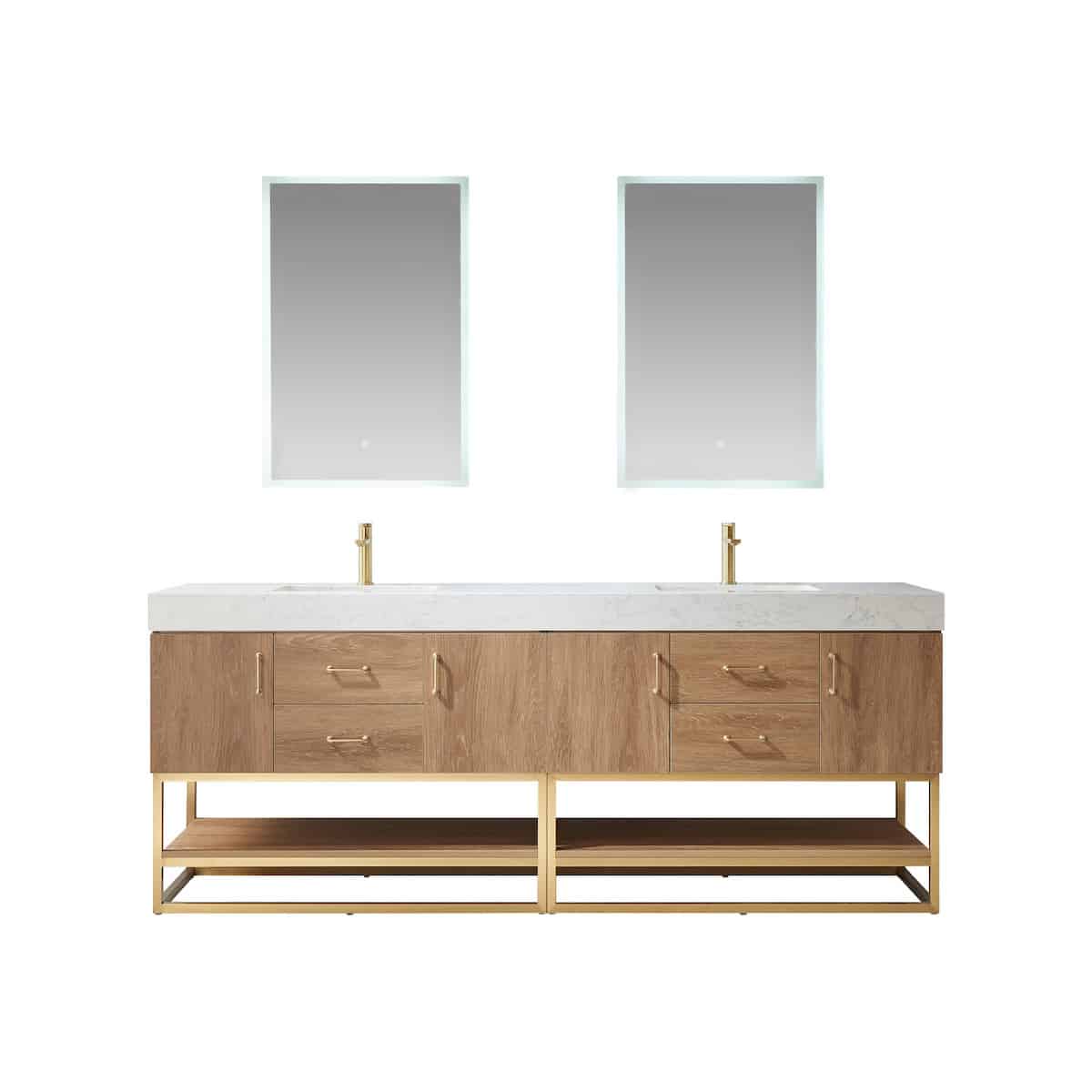 Vinnova Alistair 84 Inch Freestanding Double Vanity in North American Oak and Brushed Gold Frame with White Grain Stone Countertop With Mirrors 789084-NO-GW