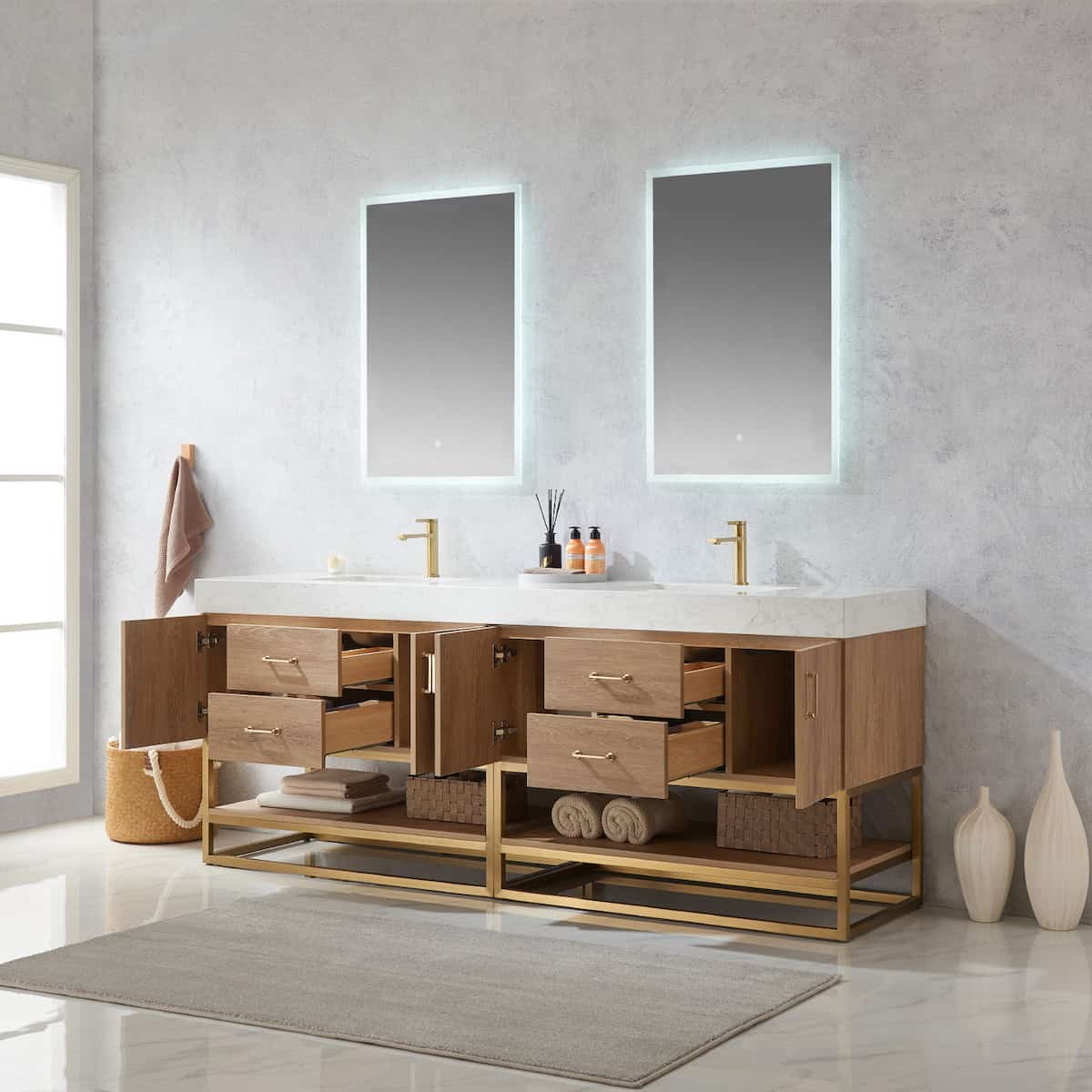 Vinnova Alistair 84 Inch Freestanding Double Vanity in North American Oak and Brushed Gold Frame with White Grain Stone Countertop With Mirrors Inside 789084-NO-GW