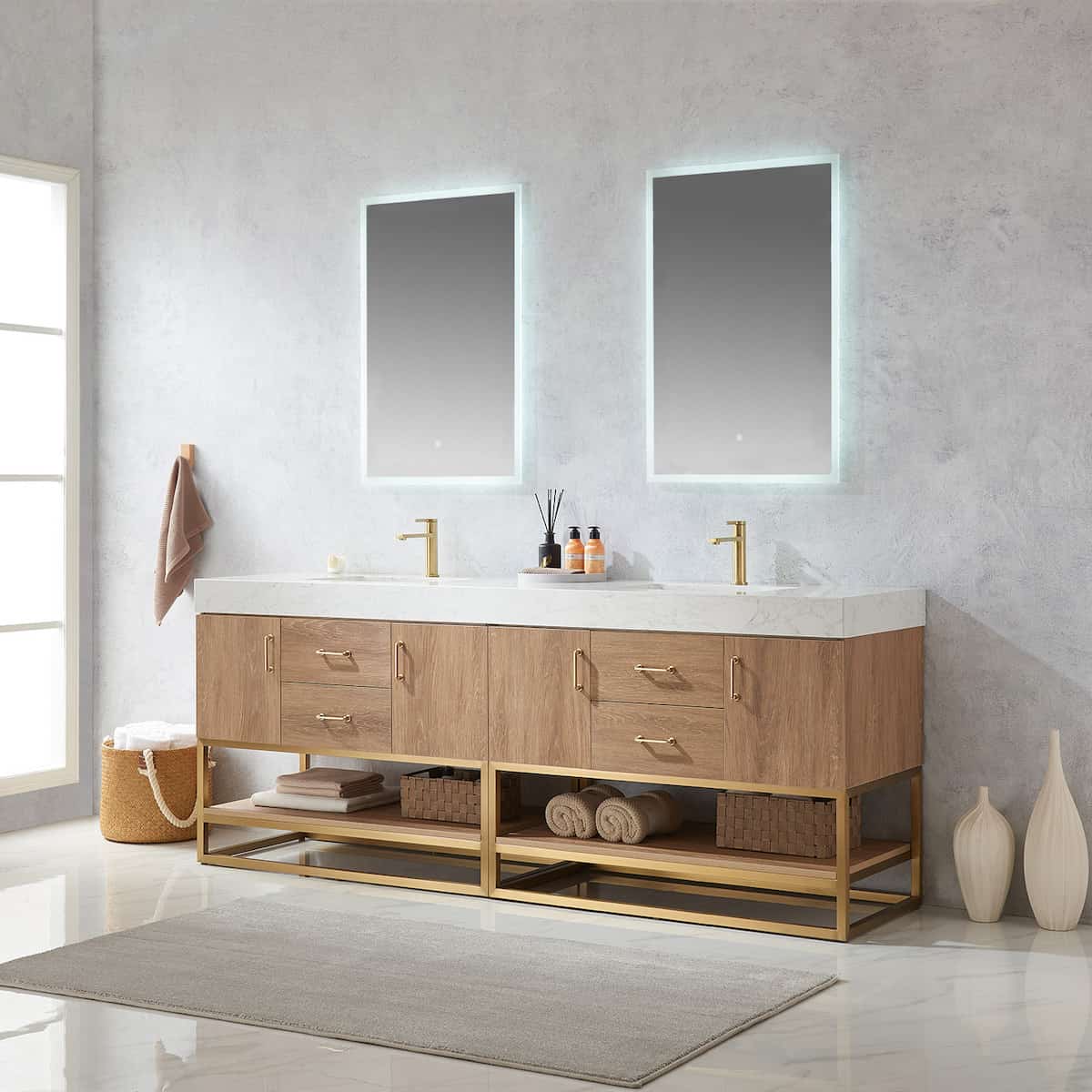 Vinnova Alistair 84 Inch Freestanding Double Vanity in North American Oak and Brushed Gold Frame with White Grain Stone Countertop With Mirrors Side 789084-NO-GW