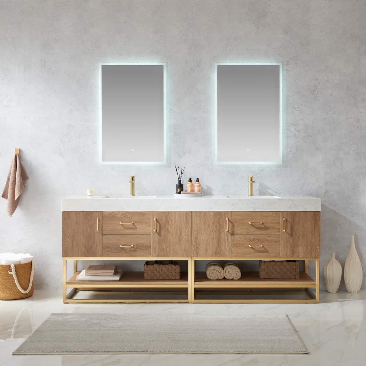 Vinnova Alistair 84 Inch Freestanding Double Vanity in North American Oak and Brushed Gold Frame with White Grain Stone Countertop With Mirrors in Bathroom 789084-NO-GW