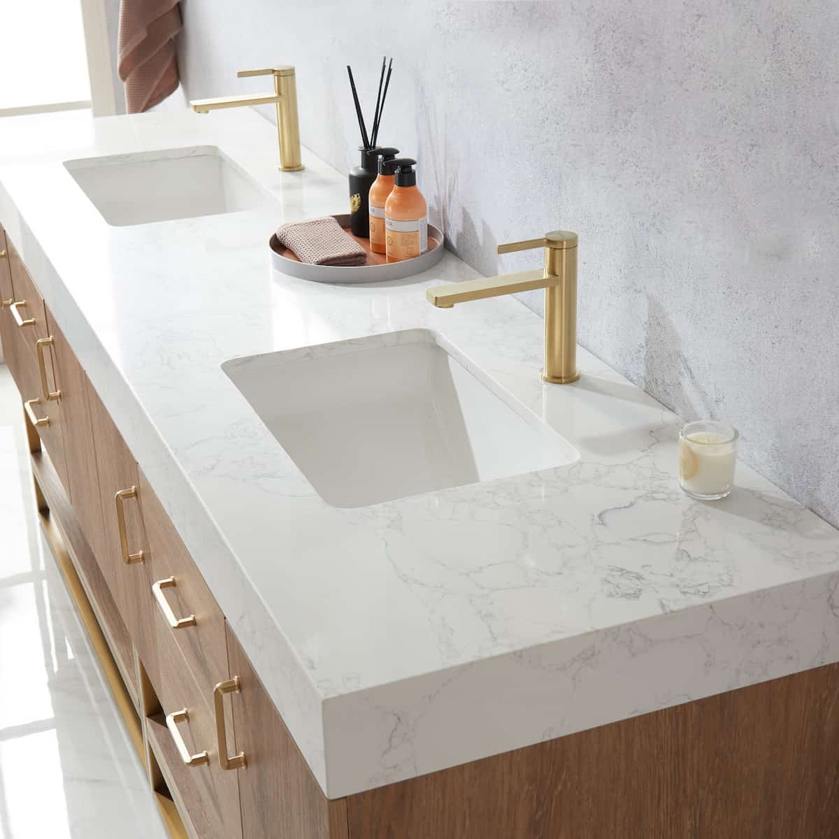 Vinnova Alistair 84 Inch Freestanding Double Vanity in North American Oak and Brushed Gold Frame with White Grain Stone Countertop Without Mirrors Counter 789084-NO-GW-NM