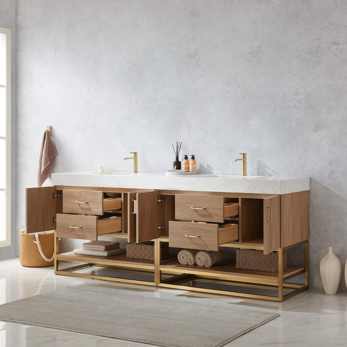 Vinnova Alistair 84 Inch Freestanding Double Vanity in North American Oak and Brushed Gold Frame with White Grain Stone Countertop Without Mirrors Inside 789084-NO-GW-NM