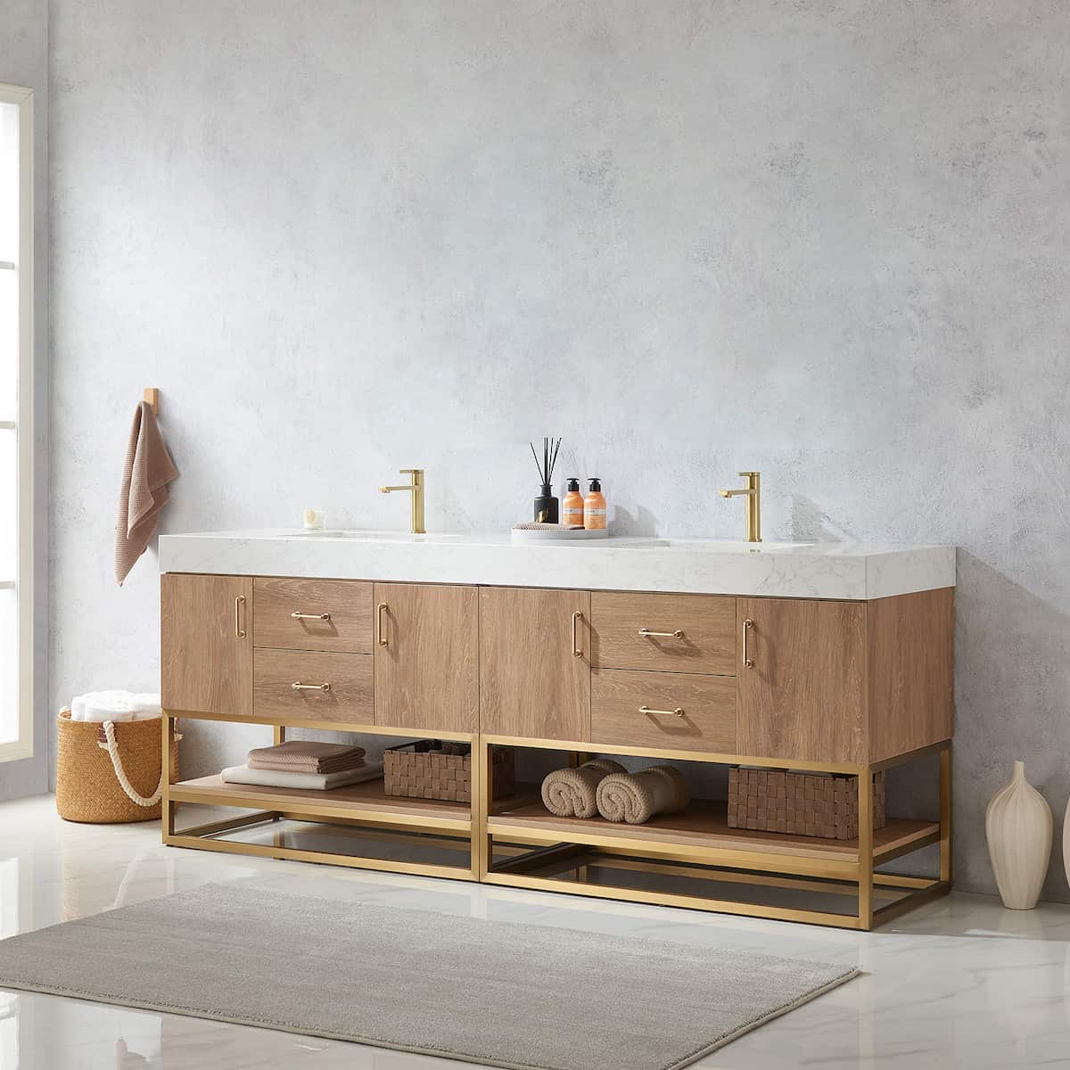 Vinnova Alistair 84 Inch Freestanding Double Vanity in North American Oak and Brushed Gold Frame with White Grain Stone Countertop Without Mirrors Side 789084-NO-GW-NM